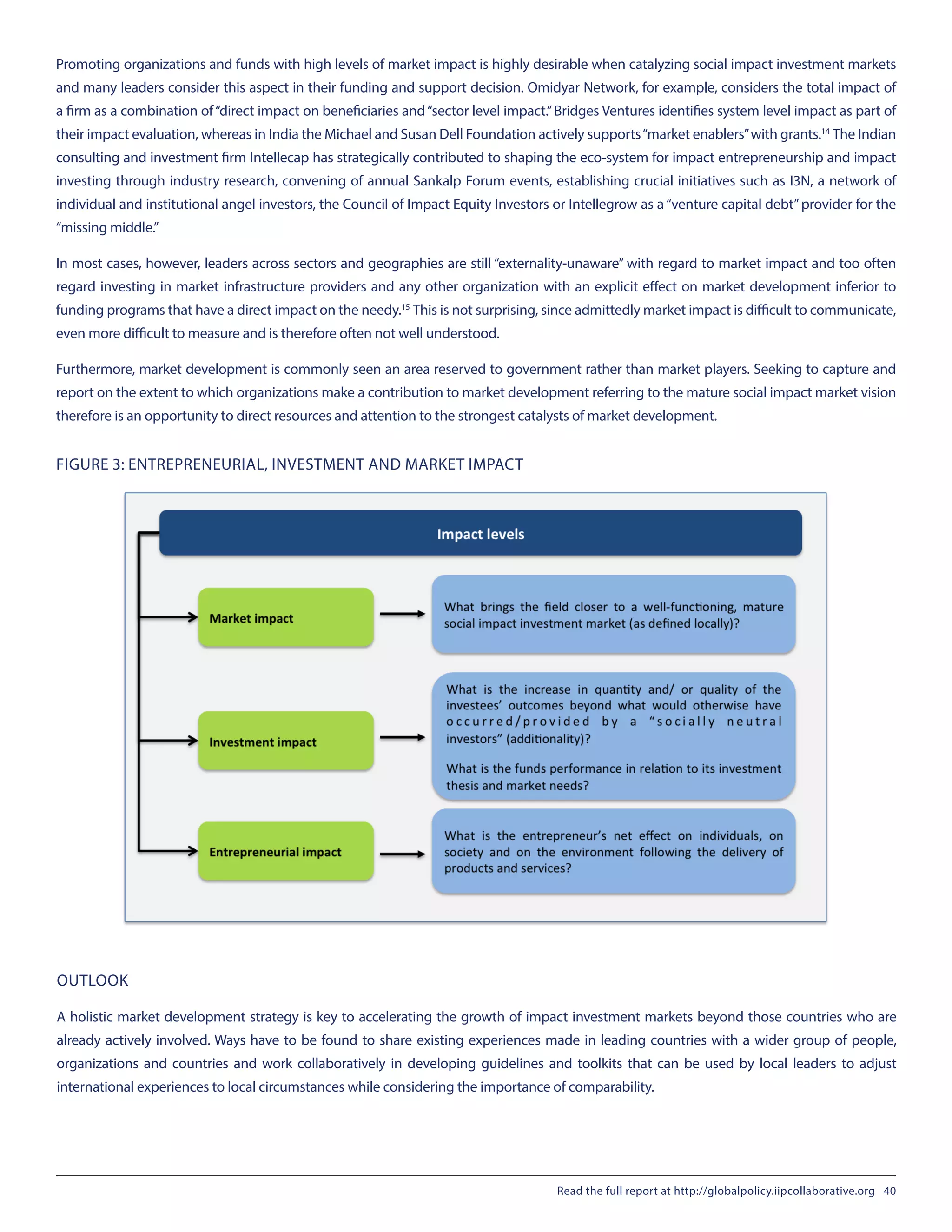 Promoting organizations and funds with high levels of market impact is highly desirable when catalyzing social impact investment markets
and many leaders consider this aspect in their funding and support decision. Omidyar Network, for example, considers the total impact of
a firm as a combination of“direct impact on beneficiaries and“sector level impact.”Bridges Ventures identifies system level impact as part of
their impact evaluation, whereas in India the Michael and Susan Dell Foundation actively supports“market enablers”with grants.14 
The Indian
consulting and investment firm Intellecap has strategically contributed to shaping the eco-system for impact entrepreneurship and impact
investing through industry research, convening of annual Sankalp Forum events, establishing crucial initiatives such as I3N, a network of
individual and institutional angel investors, the Council of Impact Equity Investors or Intellegrow as a“venture capital debt”provider for the
“missing middle.”
In most cases, however, leaders across sectors and geographies are still “externality-unaware” with regard to market impact and too often
regard investing in market infrastructure providers and any other organization with an explicit effect on market development inferior to
funding programs that have a direct impact on the needy.15 
This is not surprising, since admittedly market impact is difficult to communicate,
even more difficult to measure and is therefore often not well understood.
Furthermore, market development is commonly seen an area reserved to government rather than market players. Seeking to capture and
report on the extent to which organizations make a contribution to market development referring to the mature social impact market vision
therefore is an opportunity to direct resources and attention to the strongest catalysts of market development.
OUTLOOK
A holistic market development strategy is key to accelerating the growth of impact investment markets beyond those countries who are
already actively involved. Ways have to be found to share existing experiences made in leading countries with a wider group of people,
organizations and countries and work collaboratively in developing guidelines and toolkits that can be used by local leaders to adjust
international experiences to local circumstances while considering the importance of comparability.
FIGURE 3: ENTREPRENEURIAL, INVESTMENT AND MARKET IMPACT
Read the full report at http://globalpolicy.iipcollaborative.org 40
 