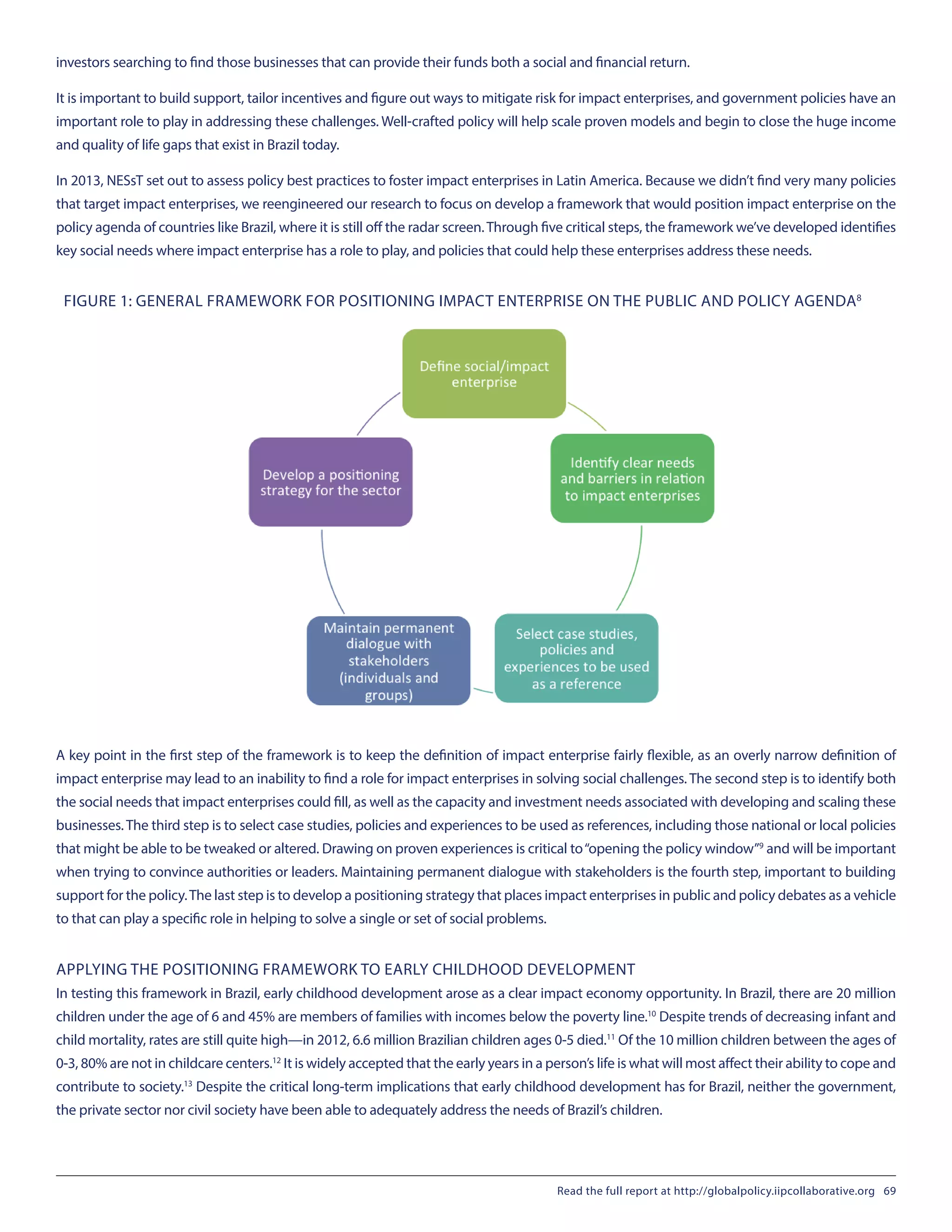 investors searching to find those businesses that can provide their funds both a social and financial return.
It is important to build support, tailor incentives and figure out ways to mitigate risk for impact enterprises, and government policies have an
important role to play in addressing these challenges. Well-crafted policy will help scale proven models and begin to close the huge income
and quality of life gaps that exist in Brazil today.
In 2013, NESsT set out to assess policy best practices to foster impact enterprises in Latin America. Because we didn’t find very many policies
that target impact enterprises, we reengineered our research to focus on develop a framework that would position impact enterprise on the
policy agenda of countries like Brazil, where it is still off the radar screen.Through five critical steps, the framework we’ve developed identifies
key social needs where impact enterprise has a role to play, and policies that could help these enterprises address these needs.
FIGURE 1: GENERAL FRAMEWORK FOR POSITIONING IMPACT ENTERPRISE ON THE PUBLIC AND POLICY AGENDA8
A key point in the first step of the framework is to keep the definition of impact enterprise fairly flexible, as an overly narrow definition of
impact enterprise may lead to an inability to find a role for impact enterprises in solving social challenges. The second step is to identify both
the social needs that impact enterprises could fill, as well as the capacity and investment needs associated with developing and scaling these
businesses.The third step is to select case studies, policies and experiences to be used as references, including those national or local policies
that might be able to be tweaked or altered. Drawing on proven experiences is critical to“opening the policy window”9
and will be important
when trying to convince authorities or leaders. Maintaining permanent dialogue with stakeholders is the fourth step, important to building
support for the policy.The last step is to develop a positioning strategy that places impact enterprises in public and policy debates as a vehicle
to that can play a specific role in helping to solve a single or set of social problems.
APPLYING THE POSITIONING FRAMEWORK TO EARLY CHILDHOOD DEVELOPMENT
In testing this framework in Brazil, early childhood development arose as a clear impact economy opportunity. In Brazil, there are 20 million
children under the age of 6 and 45% are members of families with incomes below the poverty line.10
Despite trends of decreasing infant and
child mortality, rates are still quite high—in 2012, 6.6 million Brazilian children ages 0-5 died.11
Of the 10 million children between the ages of
0-3, 80% are not in childcare centers.12
It is widely accepted that the early years in a person’s life is what will most affect their ability to cope and
contribute to society.13
Despite the critical long-term implications that early childhood development has for Brazil, neither the government,
the private sector nor civil society have been able to adequately address the needs of Brazil’s children.
Read the full report at http://globalpolicy.iipcollaborative.org 69
 