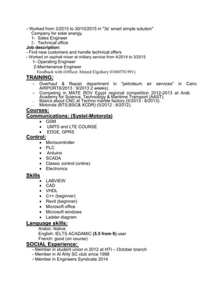 - Worked from 3/2015 to 30/10/2015 in "3s' smart simple solution"
Company for solar energy.
1- Sales Engineer
2- Technical office
Job description:
- Find new customers and handle technical offers
- Worked on asphalt mixer at military service from 4/2014 to 3/2015
1- Operating Engineer
2-Maintenance Engineer
Feedback with (Officer Ahmed Elgohary 01060781991)
TRAINING:
- Overhaul & Repair department in "petroleum air services" in Cairo
AIRPORT8/2013 : 9/2013 2 weeks).
- Competing in MATE ROV Egypt regional competition 2012-2013 at Arab
Academy for Science, Technology & Maritime Transport (AAST).
- Basics about CNC at Techno marble factory (5/2013 : 8/2013).
- Motorola (BTS,BSC& XCDR) (5/2012 : 8/2012).
Courses:
Communications: (Systel-Motorola)
 GSM
 UMTS and LTE COURSE 
 EDGE, GPRS 
Control:
 Microcontroller
 PLC 
 Arduino 
 SCADA 
 Classic control (online) 
 Electronics
Skills
 LABVIEW 
 CAD
 VHDL 
 C++ (beginner)
 Revit (beginner)
 Microsoft office
 Microsoft windows 
 Ladder diagram  Soft 
Language skills:
Arabic: Native
English: IELTS ACADAMIC (5.5 from 9) user
French: good (on course)
SOCIAL Experience:
- Member in student union in 2012 at HTI – October branch
- Member in Al Ahly SC club since 1998
- Member in Engineers Syndicate 2014
 