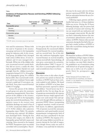 were used for maintenance. Nitrous oxide
was used in 16 patients in the circumci-
sion group and seven in the hypospadias
group for induction only. In the circum-
cised group, 26 children had a laryngeal
mask airway (LMA) device, 32 were in-
tubated, and 14 were managed with a
facemask. All but two of the children who
were circumcised received a penile block.
One did not receive a caudal; the other
had no regional block. Opioids were used
sparingly. Sixty-five children received in-
traoperative fentanyl (2.27±1.28 mcg/kg).
In the hypospadias group, five children
had an LMA, three received mask ventila-
tion, and 43 were intubated. Twenty-eight
received a caudal and 23 were given a pe-
nile block. Forty-three received fentanyl
(2.88±3.13 mcg/kg).
Seventy-five percent of the children
in each group were given the antiemetic
ondansetron intraoperatively. Thirty-three
percent of the children in the circumci-
sion group and 51% in the hypospadias
group also received dexamethasone. Post-
operative nausea in the recovery room
and before discharge was noted in four of
72 (5.6%) circumcised children and five
of 51 (9.8%) children who underwent
hypospadias repair (Table). No episodes
of vomiting were reported. All children
were discharged home. During the first
24 hours after surgery, one child in the
hypospadias group had both nausea and
vomiting. None returned to the hospital
for PONV. Postoperative pain was mainly
controlled with acetaminophen. Narcot-
ics were given only if the pain was severe.
Postoperatively, five circumcised children
received fentanyl, five received morphine,
and two received both. Ten of the chil-
dren who underwent hypospadias repair
received fentanyl, six received morphine,
and one received both. Upon discharge, all
were given a prescription for acetamino-
phen/hydrocodone (500/7.5 mg per 15
mL) elixir or acetaminophen alone to be
used as needed every four to six hours.
Discussion
The cohort review in this subset of pedi-
atric patients was carried out because the
incidence of PONV had not been exclu-
sively studied in such children. We found
the incidence of PONV to be lower than
had been previously reported in infants
and children.2
Several factors may be re-
sponsible for this. For one thing, the use
of opioids was minimized for the majority
of patients because simple regional tech-
niques were used instead. Pain and opi-
oids work through different pathways to
potentiate PONV. Hence, incorporating
a regional anesthetic would circumvent
both factors. In addition, approximately
75% of patients received the antiemetic
ondansetron, and a good number received
dexamethasone intraoperatively, both of
which may have contributed to the low
incidence of PONV. The majority of in-
fants and young children received the an-
tiemetic during the first half of surgery.
Even though nitrous oxide was used in
23 infants, it was used only for induction;
this may be the reason only two of those
patients experienced PONV. We did not
find any association between the use of re-
versal and PONV.
Following surgery, patients and their
families had access to a 24-hour telephone
follow-up service. During the 24 hours
following discharge, only one patient had
an episode of nausea and vomiting. He
was not treated with any medication and
was managed conservatively. We also did
not find a relationship between the time
of antiemetic administration and the in-
cidence of PONV. Patients who received
antiemetics during the first half of the sur-
gery had a similar incidence of PONV as
those who received them during the latter
half of the surgery.
Conclusion
We found the incidence of PONV follow-
ing ambulatory urologic surgery in infants
and young children to be quite low. The
low incidence was most likely related to
the prophylactic use of antiemetics along
with limited use of opioids during anes-
thesia care as well as use of a caudal or
penile block for perioperative pain
control. MM
Preeta George and Kumar Belani are in
the department of anesthesia, and aseem
shukla is in the department of urology at the
University of Minnesota.
R E F E R E N C E S
1. Kovac al. Management of postoperative nau-
sea and vomiting in children. Paediatr Drugs.
2007;9(1):47-69.
2. Drake r, anderson BJ, Persson Ma, tHompson
JM. impact of an antiemetic protocol on postop-
erative nausea and vomiting in children. Paediatr
anaesth. 2001;11(1):85-91.
3. apfel CC, roewer n, Korttila K. How to study post-
operative nausea and vomiting. acta anaesthesiol
scand. 2002;46(1):921-928.
Table
Incidence of Postoperative Nausea and Vomiting (PONV) following
Urologic Surgery
Time
Total number of
patients
PONV during
first six hours
postop
PONV six to 24
hours postop
Hypospadias group 51
Nausea *5 1
Vomiting 0 1
Circumcision group 72
Nausea 4 0
Vomiting 0 0
*P=0.487 versus circumcision group (not significant)
42 | Minnesota Medicine • March 2011
clinical & health affairs |
 