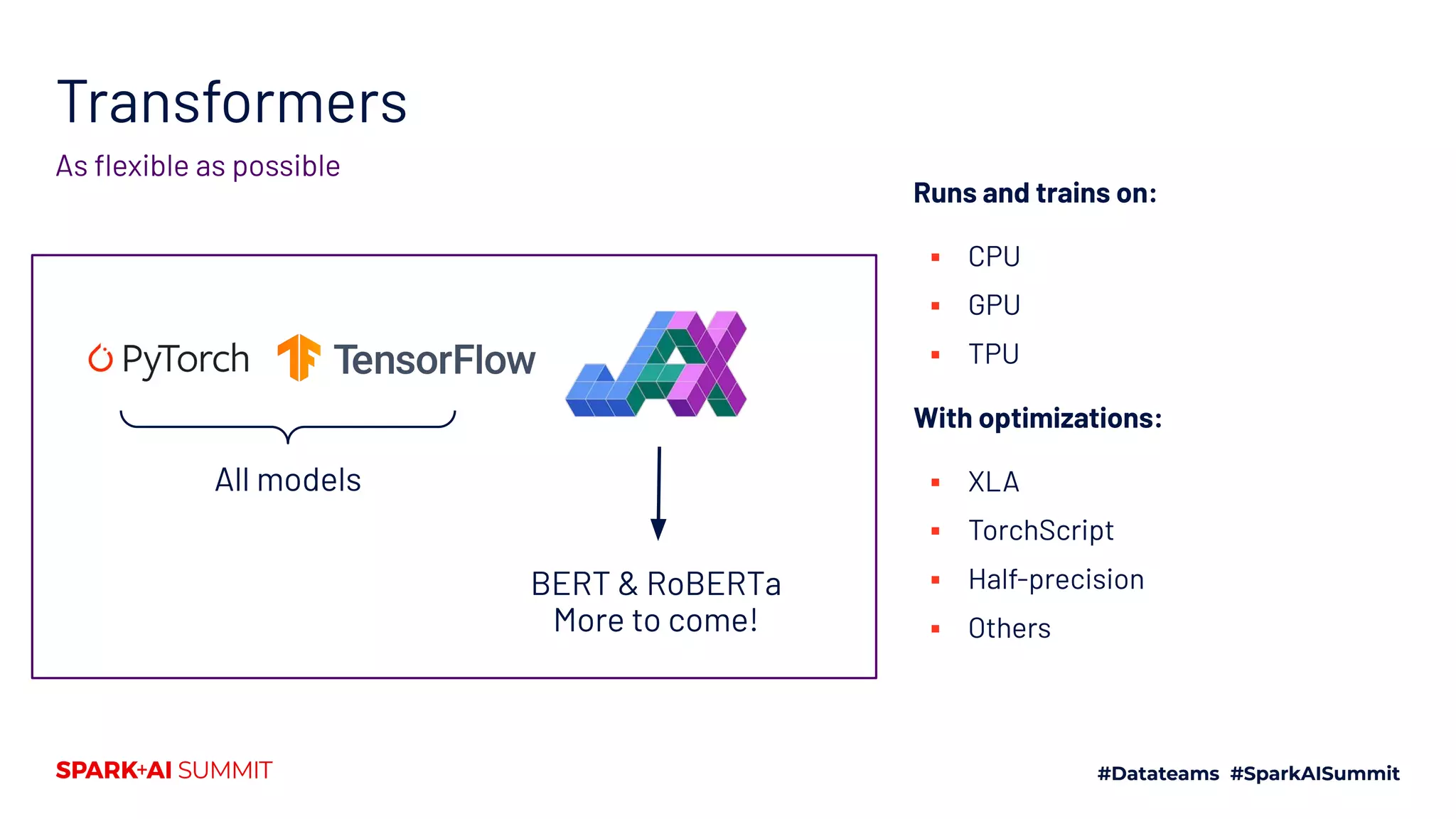 Transformers
As ﬂexible as possible
Runs and trains on:
▪ CPU
▪ GPU
▪ TPU
With optimizations:
▪ XLA
▪ TorchScript
▪ Half-precision
▪ Others
All models
BERT & RoBERTa
More to come!
 