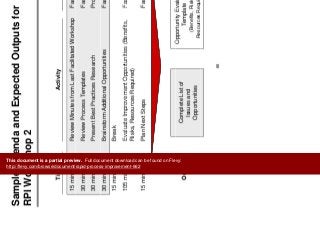 Sample Agenda and Expected Outputs for
RPI W k h 2
Assess Processes
RPI Workshop 2
Part of Assess Processes
Review Minutes from Last Facilitated Workshop Facilitator15 minutes
Time Activity Responsible
p
Review Process Templates
Present Best Practices Research
Facilitator
Process Owner
30 minutes
30 minutes
Brainstorm Additional Opportunities
Break
Evaluate Improvement Opportunities (Benefits
Facilitator
Facilitator
30 minutes
15 minutes
105 minutes Evaluate Improvement Opportunities (Benefits,
Risks, Resources Required)
Plan Next Steps
Facilitator
Facilitator
105 minutes
15 minutes
O t it E l tiOpportunity Evaluation
Template
(Benefits, Risks,
Resources Required)
Outputs: Complete List of
Issues and
Opportunities
66
This document is a partial preview. Full document download can be found on Flevy:
http://flevy.com/browse/document/rapid-process-improvement-662
 