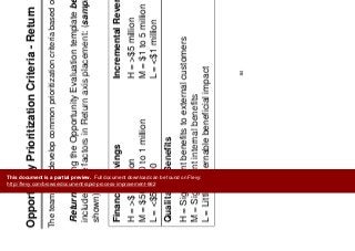 O t it P i iti ti C it i R t
Prioritize
Improvements
Opportunity Prioritization Criteria - Return
The team must develop common prioritization criteria based on the situation...
Improvements
p p
Return: Using the Opportunity Evaluation template benefits data,
include these factors in Return axis placement: (sample weightingsinclude these factors in Return axis placement: (sample weightings
shown)
Financial Savings Incremental Revenue
H = >$ 1 million H = >$5 million
M $500 000 t 1 illi M $1 t 5 illiM = $500,000 to 1 million M = $1 to 5 million
L = <$500,000 L = <$1 million
Qualitative BenefitsQualitative Benefits
H = Significant benefits to external customers
M = Significant internal benefitsM = Significant internal benefits
L = Little discernable beneficial impact
84
This document is a partial preview. Full document download can be found on Flevy:
http://flevy.com/browse/document/rapid-process-improvement-662
 