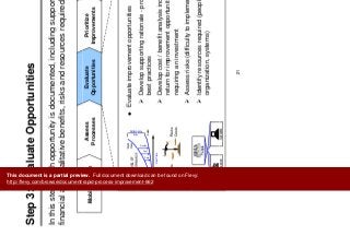 St 3 E l t O t iti
Approach Overview
Step 3: Evaluate Opportunities
pp
In this step, each opportunity is documented, including supporting rationales,p, pp y , g pp g ,
financial and qualitative benefits, risks and resources required.
Implement
Improvements
Prioritize
Improvements
Evaluate
Opportunities
Assess
Processes
Mobilize Team
Evaluate improvement opportunitiesLEVEL OF
PERFORMANCE
World
Class
Perform
Gap
Develop supporting rationale - process gaps,
best practices
Develop cost / benefit analysis including
PERFORMANCE
mance
p
Actual
Over Time
Quality
Cost
Time
return for improvement opportunities
requiring an investment
Assess risks (difficulty to implement)
Risks
Costs
Benefits
Identify resources required (people,
organization, systems)
S t
People
O i ti
21
SystemsOrganization
This document is a partial preview. Full document download can be found on Flevy:
http://flevy.com/browse/document/rapid-process-improvement-662
 