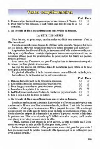 ф
Vrai Faux
5. II descend par la cheminee pour apporter ses cadeaux a l’heure. □ □
6 . Pour recevoir les cadeaux, il faut rester sage tout le long de la □ □
semaine.
3. Lis le texte et dis si ces affirmations sont vraies ou fausses.
LA FETE DES MERES
Tous les ans, au printemps, un dimanche est dedie aux mamans : c’est la
fete des meres !
II existe de nombreuses fagons de celebrer cette journee. Tu рейх lui faire
un joli dessin, offrir un bouquet de fleurs ou meme preparer une surprise !
Aupres de ta famille ou a l’ecole, tu trouveras de l’aide et des conseils pour
fabriquer un joli cadeau : un objet rigolo pour les mamans qui aiment rire, un
delicieux gateau pour les gourmandes, tu рейх meme lui ecrire un poeme,
tout est permis !
Avec beaucoup d’amour et un peu d’imagination, tu trouveras a coup sur
le cadeau qui fera plaisir a ta maman,
La fete des meres est celebree dans de nombreux pays meme si la date
n ’est pas la meme partout.
En general, elle a lieu a la fin du mois de mai ou au debut du mois de juin.
La tradition de la fete des meres est tres ancienne.
Vrai Faux
1. Dans ce texte il s’agit de la Fete de la musique. □ □
2. Les enfants font les cadeaux pour leurs meres. □ □
3. Pour les gourmandes on peut ecrire un poeme. □ □
4. Le cadeau fera plaisir a ta maman. □ □
5. La fete des meres est celebree dans de nombreux pays du monde. □ □
6 . Elle a lieu a la fin du mois de juillet. □ □
4. Lis le texte et dis si ces affirmations sont vraies ou fausses.
Les fleurs embaument la cuisine. Ludovic les a offertes ä sa mere pour son
anniversaire. II les a cueillies lui-meme dans le jardinet. II est tres fier de ces
violettes. II s’est approche de sa mere. Elle a prepare le repas. Elle a melange
delicatement les ceufs avec la farine pour en faire de succulentes crepes. Lu­
dovic adore les crepes. II a demande ä sa mere s’il pouvait verser le lait dans
la preparation. Elle lui a repondu qu’il fallait attendre un peu, qu’il ne de-
vait plus y avoir de grumeaux dans la pate.
« Mais, maman, s’est etonne le petit gargon, la päte ne parle pas ! Com­
ment est-ce que tu sais qu’elle dit des gros mots, alors ? »
La femme a eclate de rire. « Des grumeaux, mon cheri, pas des gros mots !
Les grumeaux sont de petites boules de pate epaisse qui ne se melangent pas
avec la päte liquide. »
Ф
135
ФKlimenko_FM-6r_P_6.fr_(208-13)_V.indd 135 29.05.2014 16:19:35
 