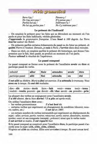 <§>
#
Sers-t’e n !
Ne t ’en sers pas !
Parlez-lui-en!
Ne lui en parlez pas !
Penses-y!
N ’y pense pas !
Interesse-t’y !
Ne t’y Interesse pas !
Le present de l’indicatif
- On emploie le present pour les faits qui se deroulent au moment ou l’on
parle et pour les faits habituels, verites generates.
J ’apprends la grammaire frangaise. L ’eau bout a 100 degres. La Terre
tourne autour du Soleil.
- On presente parfois certains evenements du passe ou du futur au present. Je
quitte Pierre a Vinstant. Demain,je vais a Paris. J’arrive dans deux minutes.
- Dans un recit, on emploie parfois le present dit historique, qui donne l’im-
pression que le fait, bien passe, se produit au moment ou l’on parle.
Pasteur attend le resultat de Vexperience.
Le passe com pose
Le passe compose se forme avec le present de l’auxiliaire avoir ou etre et
participe passe du verbe.
infinitif aller finir attendre avoir etre
participe passe alle fini attendu eu ete
11est alle au theatre. Marie a fini cet exercice. II a attendu le tramway. Vous
avez eu le temps. Ils ont ete malades.
dire - dit ecrire - ecrit faire - fait venir - venu tenir - tenu
vouloir - voulu pouvoir-pu devoir - du / due sav o ir-su prendre-p r is
La plupart des verbes se conjuguent avec rauxiliaire avoir.
II a ete absent. As-tu bien dormi ?II a plu cet apres-midi.
On utilise l’auxiliaire etre avec :
- les verbes pronominaux II s’est leve tot.
- certains verbes qui expriment un changement de condition (devenir, mou-
rir, naitre, etc.) II est ne en 1997.
- un certain nombre de verbes intransitifs qui expriment un deplacement du
su jet: aller, arriver, partir, rentrer, retoumer, sortir, entrer, descendre, monter,
tomber, venir et ses composes (excepte :prevenir) ainsi que le verbe rester.
II est arrive ce matin. II est reparti hier.
Si le passe compose se construit avec l’auxiliaire etre, le participe passe s’ac-
corde avec le sujet (alle, allee, alles, allees).
Virginie est allee au cinema. Elles sont arrivees ä temps. Ils sont venus tard.
144
Klimenko_FM-6r_P_6.fr_(208-13)_V.indd 144 29.05.2014 16:19:37
 