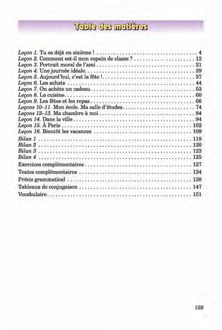 <§>
Legon 1. Tu es deja en sixieme ! .......................................................................... 4
Legon 2. Comment est-il mon copain de classe ? ............................................12
Legon 3. Portrait moral de l’am i..........................................................................21
Legon 4. Une journee ideale...................................................................................29
Legon 5. Aujourd’hui, c’est la fete !......................................................................37
Legon 6. Les a c h a ts ................................................................................................44
Legon 7. On achete un cadeau.............................................................................. 53
Legon 8. La cuisine..................................................................................................60
Legon 9. Les fetes et les repas.............................................................................. 66
Legons 10-11. Mon ecole. Ma salle d’etudes...................................................... 74
Legons 12-13. Ma chambre a m oi........................................................................84
Legon 14. Dans la ville........................................................................................... 94
Legon 15. A P a ris.................................................................................................. 102
Legon 16. Bientot les vacances.......................................................................... 109
Bilan 1 ....................................................................................................................118
Bilan 2 ....................................................................................................................120
Bilan 3 ....................................................................................................................123
Bilan 4 ....................................................................................................................125
Exercices complementaires.................................................................................127
Textes com plem entaires.....................................................................................134
Precis gram m atical..............................................................................................138
Tableaux de conjugaison.....................................................................................147
Vocabulaire.............................................................................................................151
159
Klimenko_FM-6r_P_6.fr_(208-13)_V.indd 159 29.05.2014 16:19:42
 