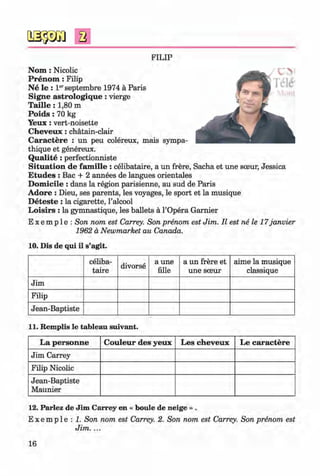 FILIP
N om : Nicolic
Prenom : Filip
N e le : Ierseptembre 1974 ä Paris
Signe astrologique : vierge
T a ille : 1,80 m
P o id s: 70 kg
Y eux: vert-noisette
C h eveu x: chätain-clair
C aractere : un peu colereux, mais sympa-
thique et genereux.
Q u a lite: perfectionniste
Situation de fam ille : celibataire, a un frere, Sacha et une sceur, Jessica
E tudes : Bac + 2 annees de langues orientales
D om icile : dans la region parisienne, au sud de Paris
A dore : Dieu, ses parents, les voyages, le sport et la musique
D eteste : la cigarette, l’alcool
L oisirs : la gymnastique, les ballets ä l’Opera Garnier
E x e m p 1e : Son nom est Carrey. Son prenom est Jim. II est ne le 17janvier
1962 ä Newmarket au Canada.
10. Dis de qui il s’agit.
celiba­
taire
divorse
a une
fille
a un frere et
une sceur
aime la musique
classique
Jim
Filip
Jean-Baptiste
11. Remplis le tableau suivant.
La personne C ouleur des yeux Les cheveux Le caractere
Jim Carrey
Filip Nicolic
Jean-Baptiste
Maunier
12. Parlez de Jim Carrey en « boule de neige » .
E x e m p l e : 1. Son nom est Carrey. 2. Son nom est Carrey. Son prenom est
Jim. ...
16
Klimenko_FM-6r_P_6.fr_(208-13)_V.indd 16 29.05.2014 16:18:59
 