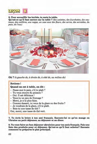 <§>
#
6. Pour accueillir les invites, tu mets la table.
Qu’est-ce qu’il faut mettre sur la table ? (des assiettes, des fourchettes, des cou-
teaux, des cuilleres, une nappe, un vase avec des fleurs, des verres, des serviettes, du
pain, de I’eau)
Ou ? (a gauche de, d droite de, ä cöte de, au milieu de)
R e tie n s !
Q uand o n e st a tab le, on d i t :
- Passe-moi le pain, s’il te plait ?
- Tu veux encore du poisson ?
- Oui. II est delicieux !
- Veux-tu un peu de fromage ?
- Merci, je n ’ai plus faim.
- Comme dessert, tu veux de la glace ou des fruits ?
- Je voudrais de la glace, s’il te plait.
- Bois-tu une tasse de the ?
Oui, merci, une tasse de the vert.
7. Tu ecris la lettre ä ton ami frangais. Raconte-lui ce qu’on mange en
Ukraine au petit dejeuner, au dejeuner et au diner.
8. Tu veux faire un bon dejeuner ukrainien pour tes amis frangais. Fais une
liste des produits pour ce dejeuner. Qu’est-ce qu’il faut acheter? Raconte
comment tu prepares le plat principal.
62
Klimenko_FM-6r_P_6.fr_(208-13)_V.indd 62 29.05.2014 16:19:12
 