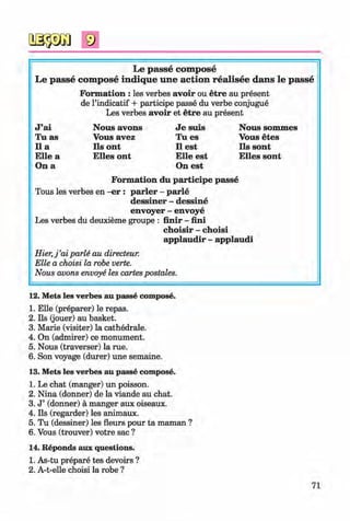 <§>
#
Le p asse com pose
Le p asse com pose in d iq u e u n e a ctio n rea lisee d an s le p asse
Formation : les verbes avoir ou etre au present
de l’indicatif + participe passe du verbe conjugue
Les verbes avoir et etre au present
J ’ai Nous avons Je suis Nous sommes
Tu as Vous avez Tu es Vous etes
11 a Ils ont 11 est Ils sont
Elle a E lies ont Elle est E lles sont
On a On est
Form ation du participe passe
Tous les verbes en -er : parier - parle
dessiner - dessine
envoyer - envoye
Les verbes du deuxieme groupe : finir - fini
choisir - choisi
applaudir - applaudi
H ier,j’ai parle au directeur.
Elle a choisi la robe verte.
Nous avons envoye les cartes postales.
12. Mets les verbes au passe compose.
1. Elle (preparer) le repas.
2. Ils (jouer) au basket.
3. Marie (visiter) la cathedrale.
4. On (admirer) ce monument.
5. Nous (traverser) la rue.
6. Son voyage (durer) une semaine.
13. Mets les verbes au passe compose.
1. Le chat (manger) un poisson.
2. Nina (donner) de la viande au chat.
3. J ’ (donner) a manger aux oiseaux.
4. Ils (regarder) les animaux.
5. Tu (dessiner) les fleurs pour ta maman ?
6. Vous (trouver) votre sac ?
14. Reponds aux questions.
1. As-tu prepare tes devoirs ?
2. A-t-elle choisi la robe ?
71
Klimenko_FM-6r_P_6.fr_(208-13)_V.indd 71 29.05.2014 16:19:15
 