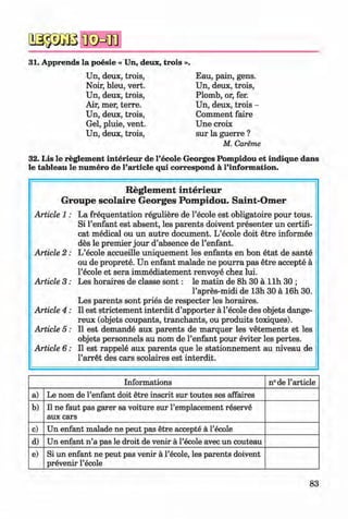 a s p jB
31. Apprends la poesie « Un, deux, trois ».
Eau, pain, gens.
Un, deux, trois,
Plomb, or, fer.
Un, deux, trois -
Comment faire
Une croix
sur la guerre ?
M. Careme
32. Lis le reglement interieur de l’ecole Georges Pompidou et indique dans
le tableau le numero de l’article qui correspond a l’information.
Un, deux, trois,
Noir, bleu, vert.
Un, deux, trois,
Air, mer, terre.
Un, deux, trois,
Gel, pluie, vent.
Un, deux, trois,
#
Informations n° de l’article
a) Le nom de l’enfant doit etre inscrit sur toutes ses affaires
b) 11ne faut pas garer sa voiture sur l’emplacement reserve
aux cars
c) Un enfant malade ne peut pas etre accepte a l’ecole
d) Un enfant n’a pas le droit de venir a l’ecole avec un couteau
e) Si un enfant ne peut pas venir a l’ecole, les parents doivent
prevenir l’ecole
R eglem en t in terieu r
G roupe sco la ire G eorges Pom pidou. Saint-O m er
Article 1: La frequentation reguliere de l’ecole est obligatoire pour tous.
Si l’enfant est absent, les parents doivent presenter un certifi-
cat medical ou un autre document. L’ecole doit etre informee
des le premier jour d’absence de l’enfant.
Article 2 : L’ecole accueille uniquement les enfants en bon etat de sante
ou de proprete. Un enfant malade ne pourra pas etre accepte a
l’ecole et sera immediatement renvoye chez lui.
Article 3 : Les horaires de classe so n t: le matin de 8h 30 a llh 30 ;
l’apres-midi de 13h 30 a 16h 30.
Les parents sont pries de respecter les horaires.
Article 4 : II est strictement interdit d’apporter a l’ecole des objets dange-
reux (objets coupants, tranchants, ou produits toxiques).
Article 5 : II est demande aux parents de marquer les vetements et les
objets personnels au nom de l’enfant pour eviter les pertes.
Article 6: II est rappele aux parents que le stationnement au niveau de
l’arret des cars scolaires est interdit.
83
Klimenko_FM-6r_P_6.fr_(208-13)_V.indd 83 29.05.2014 16:19:19
 
