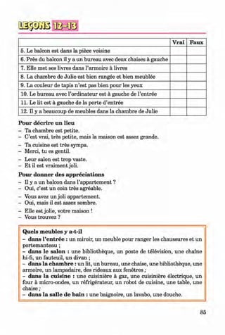 I M i
Vrai Faux
5. Le balcon est dans la piece voisine
6. Pres du balcon il y a un bureau avec deux chaises a gauche
7. Elle met ses livres dans l’armoire a livres
8. La chambre de Julie est bien rangee et bien meublee
9. La couleur de tapis n ’est pas bien pour les yeux
10. Le bureau avec l’ordinateur est a gauche de l’entree
11. Le lit est a gauche de la porte d’entree
12. Il y a beaucoup de meubles dans la chambre de Julie
Pour decrire un lieu
- Ta chambre est petite.
- C’est vrai, tres petite, mais la maison est assez grande.
- Ta cuisine est tres sympa.
- Merci, tu es gentil.
- Leur salon est trop vaste.
- Et il est vraiment job.
Pour donner des appreciations
- II y a un balcon dans l’appartement ?
- Oui, c’est un coin tres agreable.
- Vous avez un job appartement.
- Oui, mais il est assez sombre.
- Elle est jobe, votre maison !
- Vous trouvez ?
Quels m eubles y a-t-il
- dans l’entree : un miroir, un meuble pour ranger les chaussures et un
portemanteau ;
- dans le salon : une bibbotheque, un poste de television, une chaine
hi-fi, un fauteuil, un divan ;
- dans la cham bre: un lit, un bureau, une chaise, une bibbotheque, une
armoire, un lampadaire, des rideaux aux fenetres ;
- dans la cuisine : une cuisiniere a gaz, une cuisiniere electrique, un
four a micro-ondes, un refrigerateur, un robot de cuisine, une table, une
chaise ;
- dans la salle de bain : une baignoire, un lavabo, une douche.
85
Klimenko_FM-6r_P_6.fr_(208-13)_V.indd 85 29.05.2014 16:19:20
 