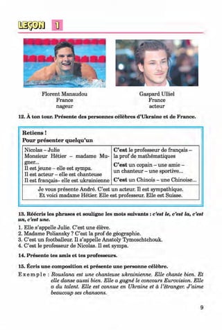 <§>
Florent Manaudou
France
nageur
Gaspard Ulliel
France
acteur
12. A ton tour. Presente des personnes celebres d’Ukraine et de France.
R etiens !
Pour presenter quelqu’un
Nicolas - Julie
Monsieur Hetier - madame Mu-
gner...
11est jeune - eile est sympa.
11est acteur - eile est chanteuse
11est frangais- eile est ukrainienne
C’est le professeur de frangais -
la prof de mathematiques
C’est un copain - une amie -
un chanteur - une sportive...
C’est un Chinois - une Chinoise...
Je vous presente Andre. C’est un acteur. 11est sympathique.
Et voici madame Hetier. Elle est professeur. Elle est Suisse.
13. Reecris les phrases et souligne les mots suivants : c’est le, c’est la, c’est
un, c’est une.
1. Elle s’appelle Julie. C’est une eleve.
2. Madame Poliansky ? C’est la prof de geographie.
3. C’est un footballeur. II s’appelle Anatoly Tymoschtchouk.
4. C’est le professeur de Nicolas. II est sympa.
14. Presente tes amis et tes professeurs.
15. Ecris une composition et presente une personne celebre.
E x e m p 1e : Rouslana est une chanteuse ukrainienne. Elle chante bien. Et
eile danse aussi bien. Elle a gagne le concours Eurovision. Elle
a du talent. Elle est connue en Ukraine et ä Vetranger. J ’aime
beaucoup ses chansons.
9
Klimenko_FM-6r_P_6.fr_(208-13)_V.indd 9 29.05.2014 16:18:57
 