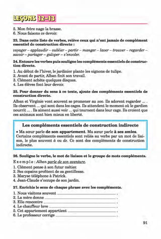 <§>
#
o sä ß B B
5. Mon frere nage la brasse.
6. Nous faisons ce devoir.
23. Dans cette liste de verbes, releve ceux qui n’ont jamais de complement
essentiel de construction directe :
voyager - applaudir - oublier - partir - manger - lover - trouver - regarder -
savoir - partager - galoper - s ’envoler.
24. Entoure les verbes puis souligne les complements essentiels de construc­
tion directe.
1. Au debut de l’hiver, le jardinier plante les oignons de tulipe.
2. Avant de partir, Alban finit son travail.
3. Clement achete quelques disques.
4. Les eleves font leur devoir.
25. Pour donner du sens ä ce texte, ajoute des complements essentiels de
construction directe.
Alban et Virginie vont souvent se promener au zoo. Ils adorent regarder ... .
Ils observent... qui sont dans les cages. Ils attendent le moment oü le gardien
n o u rrit.... Ils aiment aussi voir ... qui tournent dans leur cage. Ils croient que
ces animaux sont bien mieux en liberte.
L es com p lem en ts esse n tie ls de co n stru ctio n in d irecte
• Ma sceur parle de son appartement. Ma soeur parle a ses amies.
Certains complements essentiels sont relies au verbe par un mot de liai­
son, le plus souvent d ou de. Ce sont des complements de construction
indirecte.
26. Souligne le verbe, le mot de liaison et le groupe de mots complements.
E x e m p 1e :Alban parle de son aventure.
1. Clement pense a son futur metier.
2. Ses copains profitent de sa gentillesse.
3. Maxyse telephone a Patrick.
4. Jean-Claude s’occupe de son jardin.
27. Enrichis le sens de chaque phrase avec les complements.
1. Nous visitons souvent_______________________________
2. La mere donne_____________________________________
3. Elle rencontre______________________________________
4. Le chauffeur lave___________________________________
5. Cet appartement appartient_________________________
6. Le professeur corrige________________________________
91
Klimenko_FM-6r_P_6.fr_(208-13)_V.indd 91 29.05.2014 16:19:22
 