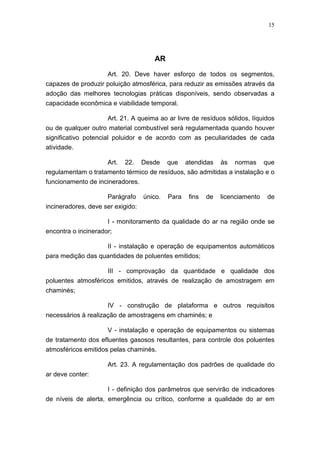 15




                                      AR

                    Art. 20. Deve haver esforço de todos os segmentos,
capazes de produzir poluição atmosférica, para reduzir as emissões através da
adoção das melhores tecnologias práticas disponíveis, sendo observadas a
capacidade econômica e viabilidade temporal.

                      Art. 21. A queima ao ar livre de resíduos sólidos, líquidos
ou de qualquer outro material combustível será regulamentada quando houver
significativo potencial poluidor e de acordo com as peculiaridades de cada
atividade.

                    Art. 22. Desde que atendidas às normas que
regulamentam o tratamento térmico de resíduos, são admitidas a instalação e o
funcionamento de incineradores.

                     Parágrafo     único.   Para   fins   de   licenciamento   de
incineradores, deve ser exigido:

                     I - monitoramento da qualidade do ar na região onde se
encontra o incinerador;

                   II - instalação e operação de equipamentos automáticos
para medição das quantidades de poluentes emitidos;

                    III - comprovação da quantidade e qualidade dos
poluentes atmosféricos emitidos, através de realização de amostragem em
chaminés;

                     IV - construção de plataforma e outros requisitos
necessários à realização de amostragens em chaminés; e

                     V - instalação e operação de equipamentos ou sistemas
de tratamento dos efluentes gasosos resultantes, para controle dos poluentes
atmosféricos emitidos pelas chaminés.

                     Art. 23. A regulamentação dos padrões de qualidade do
ar deve conter:

                     I - definição dos parâmetros que servirão de indicadores
de níveis de alerta, emergência ou crítico, conforme a qualidade do ar em
 