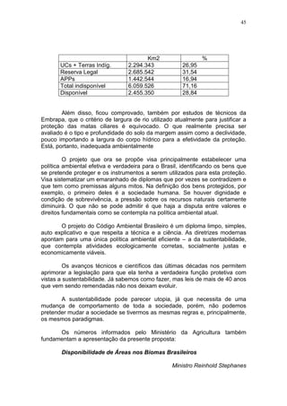 45




                                         Km2                   %
       UCs + Terras Indíg.        2.294.343            26,95
       Reserva Legal              2.685.542            31,54
       APPs                       1.442.544            16,94
       Total indisponível         6.059.526            71,16
       Disponível                 2.455.350            28,84


        Além disso, ficou comprovado, também por estudos de técnicos da
Embrapa, que o critério de largura de rio utilizado atualmente para justificar a
proteção das matas ciliares é equivocado. O que realmente precisa ser
avaliado é o tipo e profundidade do solo da margem assim como a declividade,
pouco importando a largura do corpo hídrico para a efetividade da proteção.
Está, portanto, inadequada ambientalmente

         O projeto que ora se propõe visa principalmente estabelecer uma
política ambiental efetiva e verdadeira para o Brasil, identificando os bens que
se pretende proteger e os instrumentos a serem utilizados para esta proteção.
Visa sistematizar um emaranhado de diplomas que por vezes se contradizem e
que tem como premissas alguns mitos. Na definição dos bens protegidos, por
exemplo, o primeiro deles é a sociedade humana. Se houver dignidade e
condição de sobrevivência, a pressão sobre os recursos naturais certamente
diminuirá. O que não se pode admitir é que haja a disputa entre valores e
direitos fundamentais como se contempla na política ambiental atual.

       O projeto do Código Ambiental Brasileiro é um diploma limpo, simples,
auto explicativo e que respeita a técnica e a ciência. As diretrizes modernas
apontam para uma única política ambiental eficiente – a da sustentabilidade,
que contempla atividades ecologicamente corretas, socialmente justas e
economicamente viáveis.

         Os avanços técnicos e científicos das últimas décadas nos permitem
aprimorar a legislação para que ela tenha a verdadeira função protetiva com
vistas a sustentabilidade. Já sabemos como fazer, mas leis de mais de 40 anos
que vem sendo remendadas não nos deixam evoluir.

       A sustentabilidade pode parecer utopia, já que necessita de uma
mudança de comportamento de toda a sociedade, porém, não podemos
pretender mudar a sociedade se tivermos as mesmas regras e, principalmente,
os mesmos paradigmas.

      Os números informados pelo Ministério da Agricultura também
fundamentam a apresentação da presente proposta:

        Disponibilidade de Áreas nos Biomas Brasileiros

                                                   Ministro Reinhold Stephanes
 