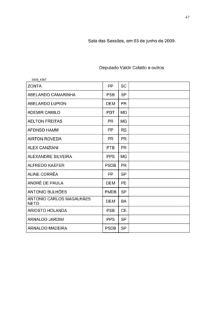 47




                       Sala das Sessões, em 03 de junho de 2009.




                            Deputado Valdir Colatto e outros

 2009_4367

ZONTA                           PP    SC

ABELARDO CAMARINHA             PSB    SP

ABELARDO LUPION                DEM    PR

ADEMIR CAMILO                  PDT    MG

AELTON FREITAS                  PR    MG

AFONSO HAMM                     PP    RS

AIRTON ROVEDA                   PR    PR

ALEX CANZIANI                  PTB    PR

ALEXANDRE SILVEIRA             PPS    MG

ALFREDO KAEFER                PSDB    PR

ALINE CORRÊA                    PP    SP

ANDRÉ DE PAULA                 DEM    PE

ANTONIO BULHÕES               PMDB    SP
ANTONIO CARLOS MAGALHÃES
                               DEM    BA
NETO
ARIOSTO HOLANDA                PSB    CE

ARNALDO JARDIM                 PPS    SP

ARNALDO MADEIRA               PSDB    SP
 