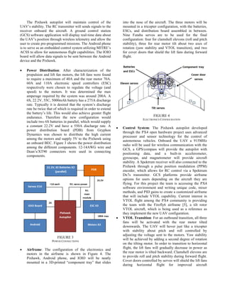 The Pixhawk autopilot will maintain control of the
UAV’s stability. The RC transmitter will sends signals to the
receiver onboard the aircraft. A ground control station
(GCS) software application will display real-time data about
the UAV’s position through wireless telemetry and allow the
user to create pre-programmed missions. The Android phone
is to serve as an embedded control system utilizing MITRE’s
ACSS to allow for autonomous flight capabilities. The IOIO
board will allow data signals to be sent between the Android
device and the Pixhawk.
 Power Distribution: After characterization of the
propulsion and lift fan motors, the lift fans were found
to require a maximum of 40A and the rear motor 70A.
60A and 110A electronic speed controllers (ESC)
respectively were chosen to regulate the voltage (and
speed) to the motors. It was determined the max
amperage required by the system was around 200A. A
6S, 22.2V, 55C, 5000mAh battery has a 275A discharge
rate. Typically it is desired that the system’s discharge
rate be twice that of which is required in order to extend
the battery’s life. This would also achieve greater flight
endurance. Therefore the new configuration would
include two 6S batteries in parallel, which would supply
a constant 22.2V and have a 550A discharge rate. A
power distribution board (PDB) from Gryphon
Dynamics was chosen to distribute the high current
among the motors and supply 5V to the Pixhawk using
an onboard BEC. Figure 3 shows the power distribution
among the different components. 12-14AWG wire and
Dean’s/XT90 connectors were used in connecting
components.
FIGURE 3
POWER CONNECTIONS
 Airframe: The configuration of the electronics and
motors in the airframe is shown in Figure 4. The
Pixhawk, Android phone, and IOIO will be neatly
mounted in a 3D-printed “component tray” that slides
into the nose of the aircraft. The three motors will be
mounted in a tricopter configuration, with the batteries,
ESCs, and distribution board assembled in between.
Nine Futaba servos are to be used for the final
configuration: four for clamshell elevons (roll and pitch
stability), three for rear motor tilt about two axes of
rotation (yaw stability and VTOL transition), and two
for cover doors that shield the lift fans during forward
flight.
FIGURE 4
ELECTRONICS CONFIGURATION
 Control System: The Pixhawk autopilot developed
through the PX4 open hardware project uses advanced
processor and sensor technology for the control of
autonomous vehicles. Onboard the UAV a 915MHz
radio will be used for wireless communication with the
GCS, a GPS/compass will provide the autopilot with
positioning data, and a built-in accelerometer,
gyroscope, and magnetometer will provide aircraft
stability. A Spektrum receiver will also connected to the
Pixhawk through a pulse position modulation (PPM)
encoder, which allows for RC control via a Spektrum
Dx7s transmitter. GCS platforms provide airframe
options for users depending on the aircraft they are
flying. For this project the team is accessing the PX4
software environment and writing unique code, mixer
methods, and PID gains to create a customized airframe
that will include VTOL capability. Current interest in
VTOL flight among the PX4 community is providing
the team with the Firefly6 airframe [5], a tilt rotor
VTOL aircraft, which is being used as a reference as
they implement the new UAV configuration.
 VTOL Transition: For an outbound transition, all three
fans will be activated with the rear motor tilted
downwards. The UAV will hover just like a tricopter
with stability about pitch and roll controlled by
adjusting the voltage sent to the motors. Yaw stability
will be achieved by adding a second degree of rotation
on the tilting motor. In order to transition to horizontal
flight, the lift fans will gradually decrease in power as
the rear motor is tilted backward. Clamshell elevons are
to provide roll and pitch stability during forward flight.
Cover doors controlled by servos will shield the lift fans
during horizontal flight for improved aircraft
 