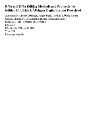 RNA and DNA Editing Methods and Protocols 1st Edition H. Ulrich ...