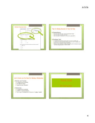6/3/16
4
Informal Classroom Data
9
students
7 students
Tips to Seeing Success in Your Do Now
› Consistency
›  Use a Do Now each day (except assessment days)
›  Use the same procedure each day
›  Use the same 3 standards for the entire week (M-F)
› Problem Set
›  6 computation problems during week 1 of your bi-weekly unit
›  3 comp. and 3 word problems during week 2 of your bi-weekly unit
›  Keep track of commonly missed questions
›  Use your informal Data to help you identify which standards need to
continue being assessed in the Do NOW
Let’s Create our Do Now for Monday-Wednesday
›  Monday and Tuesday
›  6 computation problems
›  Low-Medium Rigor
›  1 question per standard
›  Wednesday
›  3 computation problems
›  3 ANET-1 word problems
›  Try to use 3 standards to focus on, 1 comp 1 word
Work Time
30 Minutes
 