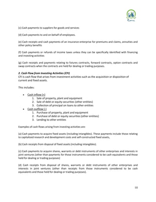 10
(c) Cash payments to suppliers for goods and services
(d) Cash payments to and on behalf of employees.
(e) Cash receipts and cash payments of an insurance enterprise for premiums and claims, annuities and
other policy benefits
(f) Cash payments or refunds of income taxes unless they can be specifically identified with financing
and investing activities
(g) Cash receipts and payments relating to futures contracts, forward contracts, option contracts and
swap contracts when the contracts are held for dealing or trading purposes.
2. Cash Flow from Investing Activities (CFI)
CFI is cash flow that arises from investment activities such as the acquisition or disposition of
current and fixed assets.
This includes:
 Cash inflow (+)
1. Sale of property, plant and equipment
2. Sale of debt or equity securities (other entities)
3. Collection of principal on loans to other entities
 Cash outflow (-)
1. Purchase of property, plant and equipment
2. Purchase of debt or equity securities (other entities)
3. Lending to other entities
Examples of cash flows arising from investing activities are:
(a) Cash payments to acquire fixed assets (including intangibles). These payments include those relating
to capitalized research and development costs and self-constructed fixed assets,
(b) Cash receipts from disposal of fixed assets (including intangibles).
(c) Cash payments to acquire shares, warrants or debt instruments of other enterprises and interests in
joint ventures (other than payments for those instruments considered to be cash equivalents and those
held for dealing or trading purposes)
(d) Cash receipts from disposal of shares, warrants or debt instruments of other enterprises and
interests in joint ventures (other than receipts from those instruments considered to be cash
equivalents and those held for dealing or trading purposes).
 