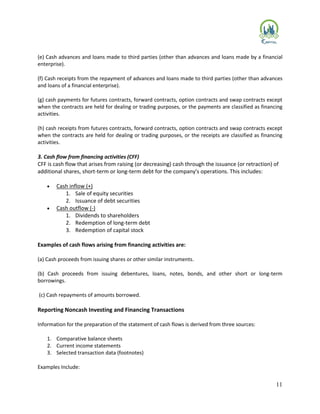 11
(e) Cash advances and loans made to third parties (other than advances and loans made by a financial
enterprise).
(f) Cash receipts from the repayment of advances and loans made to third parties (other than advances
and loans of a financial enterprise).
(g) cash payments for futures contracts, forward contracts, option contracts and swap contracts except
when the contracts are held for dealing or trading purposes, or the payments are classified as financing
activities.
(h) cash receipts from futures contracts, forward contracts, option contracts and swap contracts except
when the contracts are held for dealing or trading purposes, or the receipts are classified as financing
activities.
3. Cash flow from financing activities (CFF)
CFF is cash flow that arises from raising (or decreasing) cash through the issuance (or retraction) of
additional shares, short-term or long-term debt for the company's operations. This includes:
 Cash inflow (+)
1. Sale of equity securities
2. Issuance of debt securities
 Cash outflow (-)
1. Dividends to shareholders
2. Redemption of long-term debt
3. Redemption of capital stock
Examples of cash flows arising from financing activities are:
(a) Cash proceeds from issuing shares or other similar instruments.
(b) Cash proceeds from issuing debentures, loans, notes, bonds, and other short or long-term
borrowings.
(c) Cash repayments of amounts borrowed.
Reporting Noncash Investing and Financing Transactions
Information for the preparation of the statement of cash flows is derived from three sources:
1. Comparative balance sheets
2. Current income statements
3. Selected transaction data (footnotes)
Examples Include:
 
