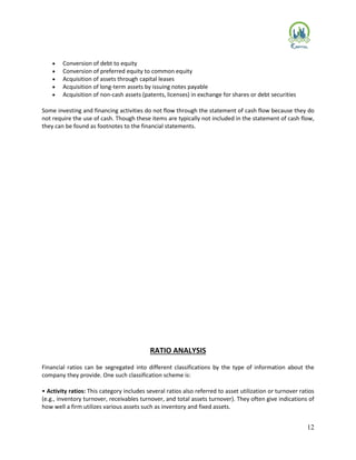12
 Conversion of debt to equity
 Conversion of preferred equity to common equity
 Acquisition of assets through capital leases
 Acquisition of long-term assets by issuing notes payable
 Acquisition of non-cash assets (patents, licenses) in exchange for shares or debt securities
Some investing and financing activities do not flow through the statement of cash flow because they do
not require the use of cash. Though these items are typically not included in the statement of cash flow,
they can be found as footnotes to the financial statements.
RATIO ANALYSIS
Financial ratios can be segregated into different classifications by the type of information about the
company they provide. One such classification scheme is:
• Activity ratios: This category includes several ratios also referred to asset utilization or turnover ratios
(e.g., inventory turnover, receivables turnover, and total assets turnover). They often give indications of
how well a firm utilizes various assets such as inventory and fixed assets.
 