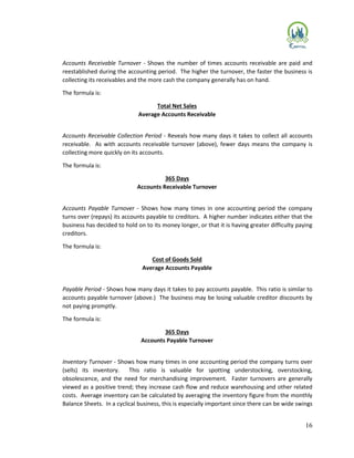 16
Accounts Receivable Turnover - Shows the number of times accounts receivable are paid and
reestablished during the accounting period. The higher the turnover, the faster the business is
collecting its receivables and the more cash the company generally has on hand.
The formula is:
Total Net Sales
Average Accounts Receivable
Accounts Receivable Collection Period - Reveals how many days it takes to collect all accounts
receivable. As with accounts receivable turnover (above), fewer days means the company is
collecting more quickly on its accounts.
The formula is:
365 Days
Accounts Receivable Turnover
Accounts Payable Turnover - Shows how many times in one accounting period the company
turns over (repays) its accounts payable to creditors. A higher number indicates either that the
business has decided to hold on to its money longer, or that it is having greater difficulty paying
creditors.
The formula is:
Cost of Goods Sold
Average Accounts Payable
Payable Period - Shows how many days it takes to pay accounts payable. This ratio is similar to
accounts payable turnover (above.) The business may be losing valuable creditor discounts by
not paying promptly.
The formula is:
365 Days
Accounts Payable Turnover
Inventory Turnover - Shows how many times in one accounting period the company turns over
(sells) its inventory. This ratio is valuable for spotting understocking, overstocking,
obsolescence, and the need for merchandising improvement. Faster turnovers are generally
viewed as a positive trend; they increase cash flow and reduce warehousing and other related
costs. Average inventory can be calculated by averaging the inventory figure from the monthly
Balance Sheets. In a cyclical business, this is especially important since there can be wide swings
 