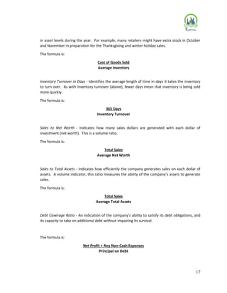 17
in asset levels during the year. For example, many retailers might have extra stock in October
and November in preparation for the Thanksgiving and winter holiday sales.
The formula is:
Cost of Goods Sold
Average Inventory
Inventory Turnover in Days - Identifies the average length of time in days it takes the inventory
to turn over. As with inventory turnover (above), fewer days mean that inventory is being sold
more quickly.
The formula is:
365 Days
Inventory Turnover
Sales to Net Worth - Indicates how many sales dollars are generated with each dollar of
investment (net worth). This is a volume ratio.
The formula is:
Total Sales
Average Net Worth
Sales to Total Assets - Indicates how efficiently the company generates sales on each dollar of
assets. A volume indicator, this ratio measures the ability of the company’s assets to generate
sales.
The formula is:
Total Sales
Average Total Assets
Debt Coverage Ratio - An indication of the company’s ability to satisfy its debt obligations, and
its capacity to take on additional debt without impairing its survival.
The formula is:
Net Profit + Any Non-Cash Expenses
Principal on Debt
 