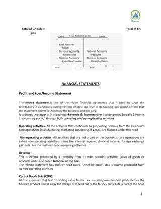4
Total of Dr. side = Total of Cr.
Side
FINANCIAL STATEMENTS
Profit and Loss/Income Statement
The income statement is one of the major financial statements that is used to show the
profitability of a company during the time interval specified in its heading. The period of time that
the statement covers is chosen by the business and will vary.
It captures two aspects of a business–Revenue & Expenses over a given period (usually 1 year or
1 accounting period) through both operating and non-operating activities
Operating activities: All the activities that contribute to generating revenue from the business’s
core operations (manufacturing, marketing and selling of goods) are clubbed under this head
Non-operating activities: All activities that are not a part of the business’s core operations are
called non-operating activities. Items like interest income, dividend income, foreign exchange
gains etc. are the business’s non-operating activities
Revenue
This is income generated by a company from its main business activities (sales of goods or
services) and is also called turnover or top line
The Income statement has another head called ‘Other Revenue’. This is income generated from
its non-operating activities
Cost of Goods Sold (COGS)
All the expenses that lead to adding value to the raw material/semi-finished goods before the
finished product is kept away for storage or is sent out of the factory constitute a part of the head
 