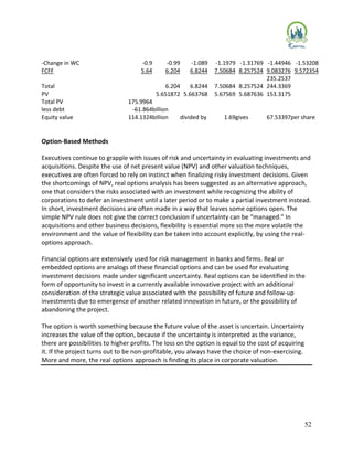 52
-Change in WC -0.9 -0.99 -1.089 -1.1979 -1.31769 -1.44946 -1.53208
FCFF 5.64 6.204 6.8244 7.50684 8.257524 9.083276 9.572354
235.2537
Total 6.204 6.8244 7.50684 8.257524 244.3369
PV 5.651872 5.663768 5.67569 5.687636 153.3175
Total PV 175.9964
less debt -61.864billion
Equity value 114.1324billion divided by 1.69gives 67.53397per share
Option-Based Methods
Executives continue to grapple with issues of risk and uncertainty in evaluating investments and
acquisitions. Despite the use of net present value (NPV) and other valuation techniques,
executives are often forced to rely on instinct when finalizing risky investment decisions. Given
the shortcomings of NPV, real options analysis has been suggested as an alternative approach,
one that considers the risks associated with an investment while recognizing the ability of
corporations to defer an investment until a later period or to make a partial investment instead.
In short, investment decisions are often made in a way that leaves some options open. The
simple NPV rule does not give the correct conclusion if uncertainty can be “managed.” In
acquisitions and other business decisions, flexibility is essential more so the more volatile the
environment and the value of flexibility can be taken into account explicitly, by using the real-
options approach.
Financial options are extensively used for risk management in banks and firms. Real or
embedded options are analogs of these financial options and can be used for evaluating
investment decisions made under significant uncertainty. Real options can be identified in the
form of opportunity to invest in a currently available innovative project with an additional
consideration of the strategic value associated with the possibility of future and follow-up
investments due to emergence of another related innovation in future, or the possibility of
abandoning the project.
The option is worth something because the future value of the asset is uncertain. Uncertainty
increases the value of the option, because if the uncertainty is interpreted as the variance,
there are possibilities to higher profits. The loss on the option is equal to the cost of acquiring
it. If the project turns out to be non-profitable, you always have the choice of non-exercising.
More and more, the real options approach is finding its place in corporate valuation.
 