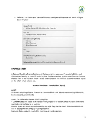 6
o Deferred Tax Liabilities – tax saved in the current year will reverse and result in higher
taxes in future
BALANCE SHEET
A Balance Sheet is a financial statement that summarizes a company's assets, liabilities and
shareholders' equity at a specific point in time. The balance sheet gets its name from the fact that
the two sides of the equation below – assets on the one side and liabilities plus shareholders' equity
on the other – must balance out.
Assets = Liabilities + Shareholders' Equity
ASSET
An asset is anything of value that can be converted into cash. Assets are owned by individuals,
businesses and governments.
Assets can be broadly divided into 2 categories:
• Current Assets: All assets that are reasonably expected to be converted into cash within one
year in the normal course of business
Current assets are important to businesses because they are the assets that are used to fund
day-to-day operations and pay ongoing expenses
Example: Cash, accounts receivable, inventory, prepaid expenses
 