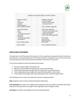8
CASH FLOW STATEMENT
The statement of cash flow reports the impact of a firm's operating, investing and financial activities on
cash flows over an accounting period. The cash flow statement is designed to convert the accrual basis
of accounting used in the income statement and balance sheet back to a cash basis.
The cash flow statement reveals the following information:
1. How the company obtains and spends cash
2. Why there may be differences between net income and cash flows
3. If the company generates enough cash from operation to sustain the business
4. If the company generates enough cash to pay off existing debts as they mature
5. If the company has enough cash to take advantage of new investment opportunities
The following terms are used in this Statement with the meanings specified:
Cash comprises cash on hand and demand deposits with banks.
Cash equivalents are short term, highly liquid investments that are readily convertible into known
amounts of cash and which are subject to an insignificant risk of changes in value.
Cash flows are inflows and outflows of cash and cash equivalents.
 