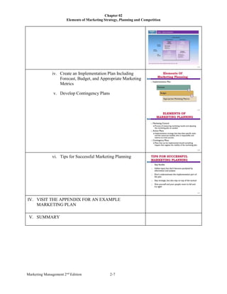 Chapter 02
Elements of Marketing Strategy, Planning and Competition
Marketing Management 2nd
Edition 2-7
iv. Create an Implementation Plan Including
Forecast, Budget, and Appropriate Marketing
Metrics
v. Develop Contingency Plans
vi. Tips for Successful Marketing Planning
IV. VISIT THE APPENDIX FOR AN EXAMPLE
MARKETING PLAN
V. SUMMARY
 