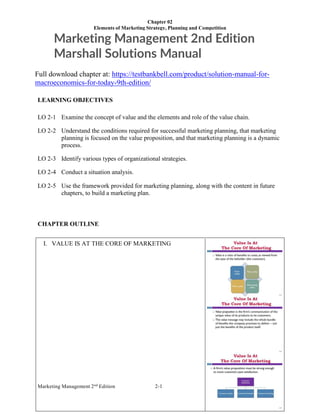Chapter 02
Elements of Marketing Strategy, Planning and Competition
Marketing Management 2nd
Edition 2-1
Marketing Management 2nd Edition
Marshall Solutions Manual
Full download chapter at: https://testbankbell.com/product/solution-manual-for-
macroeconomics-for-today-9th-edition/
LEARNING OBJECTIVES
LO 2-1 Examine the concept of value and the elements and role of the value chain.
LO 2-2 Understand the conditions required for successful marketing planning, that marketing
planning is focused on the value proposition, and that marketing planning is a dynamic
process.
LO 2-3 Identify various types of organizational strategies.
LO 2-4 Conduct a situation analysis.
LO 2-5 Use the framework provided for marketing planning, along with the content in future
chapters, to build a marketing plan.
CHAPTER OUTLINE
I. VALUE IS AT THE CORE OF MARKETING
 