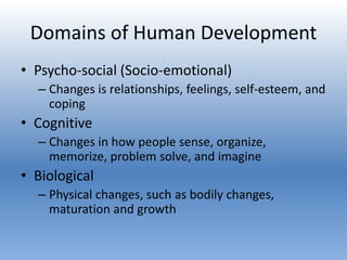 Domains of Human Development
• Psycho-social (Socio-emotional)
– Changes is relationships, feelings, self-esteem, and
coping
• Cognitive
– Changes in how people sense, organize,
memorize, problem solve, and imagine
• Biological
– Physical changes, such as bodily changes,
maturation and growth
 