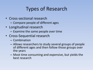 Types of Research
• Cross-sectional research
– Compare people of different ages
• Longitudinal research
– Examine the same people over time
• Cross-Sequential research
– Combination
– Allows researchers to study several groups of people
of different ages and then follow those groups over
the years
– Most time consuming and expensive, but yields the
best research
 