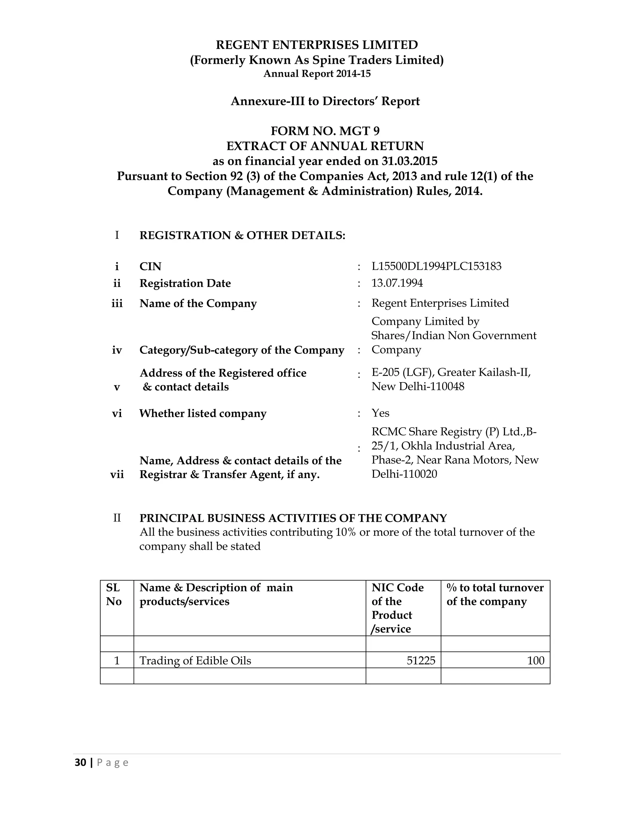 REGENT ENTERPRISES LIMITED
(Formerly Known As Spine Traders Limited)
Annual Report 2014-15
30 | P a g e
Annexure-III to Directors‟ Report
FORM NO. MGT 9
EXTRACT OF ANNUAL RETURN
as on financial year ended on 31.03.2015
Pursuant to Section 92 (3) of the Companies Act, 2013 and rule 12(1) of the
Company (Management & Administration) Rules, 2014.
I REGISTRATION & OTHER DETAILS:
i CIN : L15500DL1994PLC153183
ii Registration Date : 13.07.1994
iii Name of the Company : Regent Enterprises Limited
iv Category/Sub-category of the Company :
Company Limited by
Shares/Indian Non Government
Company
v
Address of the Registered office
& contact details
: E-205 (LGF), Greater Kailash-II,
New Delhi-110048
vi Whether listed company : Yes
vii
Name, Address & contact details of the
Registrar & Transfer Agent, if any.
:
RCMC Share Registry (P) Ltd.,B-
25/1, Okhla Industrial Area,
Phase-2, Near Rana Motors, New
Delhi-110020
II PRINCIPAL BUSINESS ACTIVITIES OF THE COMPANY
All the business activities contributing 10% or more of the total turnover of the
company shall be stated
SL
No
Name & Description of main
products/services
NIC Code
of the
Product
/service
% to total turnover
of the company
1 Trading of Edible Oils 51225 100
 