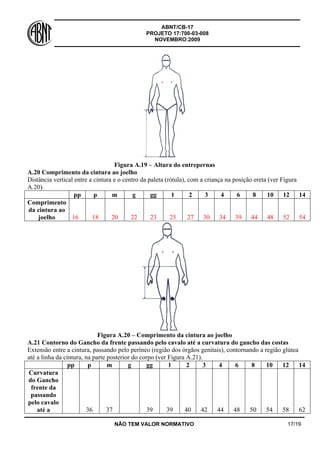 ABNT/CB-17
PROJETO 17:700-03-008
NOVEMBRO:2009
NÃO TEM VALOR NORMATIVO 17/19
Figura A.19 – Altura do entrepernas
A.20 Comprimento da cintura ao joelho
Distância vertical entre a cintura e o centro da paleta (rótula), com a criança na posição ereta (ver Figura
A.20).
pp p m g gg 1 2 3 4 6 8 10 12 14
Comprimento
da cintura ao
joelho 16 18 20 22 23 25 27 30 34 39 44 48 52 54
Figura A.20 – Comprimento da cintura ao joelho
A.21 Contorno do Gancho da frente passando pelo cavalo até a curvatura do gancho das costas
Extensão entre a cintura, passando pelo períneo (região dos órgãos genitais), contornando a região glútea
até a linha da cintura, na parte posterior do corpo (ver Figura A.21).
pp p m g gg 1 2 3 4 6 8 10 12 14
Curvatura
do Gancho
frente da
passando
pelo cavalo
até a 36 37 39 39 40 42 44 48 50 54 58 62
 