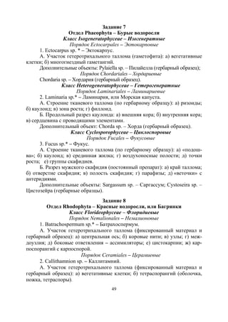 49
Задание 7
Отдел Phaeophyta – Бурые водоросли
Класс Isogeneratophyceae – Изогенератные
Порядок Ectocarpales – Эктокарповые
1. Ectocarpus sp. * – Эктокарпус.
А. Участок гетеротрихального таллома (гаметофита): а) вегетативные
клетки; б) многогнездный гаметангий.
Дополнительные объекты: Pylaiella sp. – Пилайелла (гербарный образец);
Порядок Chordariales – Хордариевые
Chordaria sp. – Хордария (гербарный образец).
Класс Heterogeneratophyceae – Гетерогенератные
Порядок Laminariales – Ламинариевые
2. Laminaria sp.* – Ламинария, или Морская капуста.
А. Строение тканевого таллома (по гербарному образцу): а) ризоиды;
б) каулоид; в) зона роста; г) филлоид.
Б. Продольный разрез каулоида: а) внешняя кора; б) внутренняя кора;
в) сердцевина с проводящими элементами.
Дополнительный объект: Chorda sp. – Хорда (гербарный образец).
Класс Cyclosporophyceae – Циклоспоровые
Порядок Fucales – Фукусовые
3. Fucus sp.* – Фукус.
А. Строение тканевого таллома (по гербарному образцу): а) «подош-
ва»; б) каулоид; в) срединная жилка; г) воздухоносные полости; д) точки
роста; е) группы скафидиев.
Б. Разрез мужского скафидия (постоянный препарат): а) край таллома;
б) отверстие скафидия; в) полость скафидия; г) парафизы; д) «веточки» с
антеридиями.
Дополнительные объекты: Sargassum sp. – Саргассум; Cystoseira sp. –
Цистозейра (гербарные образцы).
Задание 8
Отдел Rhodophyta – Красные водоросли, или Багрянки
Класс Florideophyceae – Флоридиевые
Порядок Nemalionales – Немалионовые
1. Batrachospermum sp.* – Батрахоспермум.
А. Участок гетеротрихального таллома (фиксированный материал и
гербарный образец): а) центральная ось; б) коровые нити; в) узлы; г) меж-
доузлия; д) боковые ответвления – ассимиляторы; е) цистокарпии; ж) кар-
поспорангий с карпоспорой.
Порядок Ceramiales – Церамиевые
2. Callithamnion sp. – Каллитамний.
А. Участок гетеротрихального таллома (фиксированный материал и
гербарный образец): а) вегетативные клетки; б) тетраспорангий (оболочка,
ножка, тетраспоры).
Copyright ОАО «ЦКБ «БИБКОМ» & ООО «Aгентство Kнига-Cервис»
 
