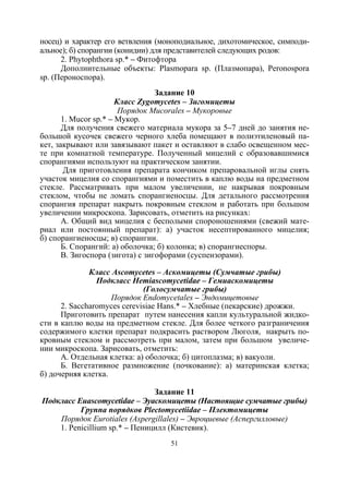 51
носец) и характер его ветвления (моноподиальное, дихотомическое, симподи-
альное); б) спорангии (конидии) для представителей следующих родов:
2. Phytophthora sp.* – Фитофтора
Дополнительные объекты: Plasmopara sp. (Плазмопара), Peronospora
sp. (Пероноспора).
Задание 10
Класс Zygomycetes – Зигомицеты
Порядок Mucorales – Мукоровые
1. Mucor sp.* – Мукор.
Для получения свежего материала мукора за 5–7 дней до занятия не-
большой кусочек свежего черного хлеба помещают в полиэтиленовый па-
кет, закрывают или завязывают пакет и оставляют в слабо освещенном мес-
те при комнатной температуре. Полученный мицелий с образовавшимися
спорангиями используют на практическом занятии.
Для приготовления препарата кончиком препаровальной иглы снять
участок мицелия со спорангиями и поместить в каплю воды на предметном
стекле. Рассматривать при малом увеличении, не накрывая покровным
стеклом, чтобы не ломать спорангиеносцы. Для детального рассмотрения
спорангия препарат накрыть покровным стеклом и работать при большом
увеличении микроскопа. Зарисовать, отметить на рисунках:
А. Общий вид мицелия с бесполыми спороношениями (свежий мате-
риал или постоянный препарат): а) участок несептированного мицелия;
б) спорангиеносцы; в) спорангии.
Б. Спорангий: а) оболочка; б) колонка; в) спорангиеспоры.
В. Зигоспора (зигота) с зигофорами (суспензорами).
Класс Ascomycetes – Аскомицеты (Сумчатые грибы)
Подкласс Hemiascomycetidae – Гемиаскомицеты
(Голосумчатые грибы)
Порядок Endomycetales – Эндомицетовые
2. Saccharomyces cerevisiae Hans.* – Хлебные (пекарские) дрожжи.
Приготовить препарат путем нанесения капли культуральной жидко-
сти в каплю воды на предметном стекле. Для более четкого разграничения
содержимого клетки препарат подкрасить раствором Люголя, накрыть по-
кровным стеклом и рассмотреть при малом, затем при большом увеличе-
нии микроскопа. Зарисовать, отметить:
А. Отдельная клетка: а) оболочка; б) цитоплазма; в) вакуоли.
Б. Вегетативное размножение (почкование): а) материнская клетка;
б) дочерняя клетка.
Задание 11
Подкласс Euascomycetidae – Эуаскомицеты (Настоящие сумчатые грибы)
Группа порядков Plectomycetiidae – Плектомицеты
Порядок Eurotiales (Aspergillales) – Эвроциевые (Аспергилловые)
1. Penicillium sp.* – Пеницилл (Кистевик).
Copyright ОАО «ЦКБ «БИБКОМ» & ООО «Aгентство Kнига-Cервис»
 