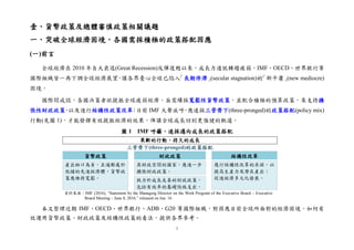 1
壹、貨幣政策及總體審慎政策相關議題
一、突破全球經濟困境，各國需採積極的政策搭配因應
(一)前言
全球經濟在 2010 年自大衰退(Great Recession)反彈復甦以來，成長力道就轉趨疲弱，IMF、OECD、世界銀行等
國際組織皆一再下調全球經濟展望，讓各界憂心全球已陷入「長期停滯」(secular stagnation)的「新平庸」(new mediocre)
困境。
國際間咸認，各國決策者欲提振全球疲弱經濟，亟需續採寬鬆性貨幣政策，並配合積極的預算政策，來支持擴
張性財政政策，以及進行結構性政策改革；日前 IMF 大聲疾呼，應速採三管齊下(three-pronged)的政策搭配(policy mix)
行動(見圖 1)，才能發揮有效提振經濟的效果，俾讓全球成長回到更強健的軌道。
圖 1 IMF 呼籲，速採邁向成長的政策搭配
果斷的行動，持久的成長
三管齊下(three-pronged)的政策搭配
貨幣政策 財政政策 結構性改革
產出缺口為負，且通膨處於
低檔的先進經濟體，貨幣政
策應維持寬鬆。
具財政空間的國家，應進一步
擴張財政政策。
履行結構性改革的承諾，以
提高生產力及潛在產出；
促進經濟多元化發展。致力於成長友善的財政政策，
包括有效率的基礎設施支出。
本文整理近期 IMF、OECD、世界銀行、ADB、G20 等國際組織，對因應目前全球所面對的經濟困境，如何有
效運用貨幣政策、財政政策及結構性政策的看法，提供各界參考。
資料來源：IMF (2016), “Statement by the Managing Director on the Work Program of the Executive Board – Executive
Board Meeting ‒ June 8, 2016,” released on Jun. 16
 