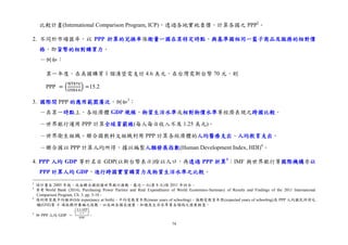 74
比較計畫(International Comparison Program, ICP)，透過各地實地查價，計算各國之 PPP2
。
2. 不同於市場匯率，以 PPP 折算的兌換率係衡量一國在某特定時點，與基準國相同一籃子商品及服務的相對價
格，即貨幣的相對購買力。
－例如：
某一年度，在美國購買 1 個漢堡需支付 4.6 美元，在台灣需新台幣 70 元，則
PPP = (
NT$70
US$4.6
) =15.2
3. 國際間 PPP 的應用範圍廣泛，例如3
：
－在某一時點上，各經濟體 GDP 規模、物質生活水準或相對物價水準等經濟表現之跨國比較。
－世界銀行運用 PPP 計算全球貧窮線(每人每日收入不及 1.25 美元)。
－世界衛生組織、聯合國教科文組織利用 PPP 計算各經濟體的人均醫療支出、人均教育支出。
－聯合國以 PPP 計算人均所得，據以編製人類發展指數(Human Development Index, HDI)4
。
4. PPP 人均 GDP 等於名目 GDP(以新台幣表示)除以人口，再透過 PPP 折算5
；IMF 與世界銀行等國際機構亦以
PPP 計算人均 GDP，進行跨國實質購買力及物質生活水準之比較。
2
該計畫自 2005 年起，改由聯合國授權世界銀行推動，最近一次(第 8 次)係 2011 年回合。
3
參考 World Bank (2014), Purchasing Power Parities and Real Expenditures of World Economies-Summary of Results and Findings of the 2011 International
Comparison Program, Ch. 3, pp. 5-10。
4
係利用零歲平均餘命(life expectancy at birth)、平均受教育年限(mean years of schooling)、預期受教育年限(expected years of schooling)及 PPP 人均國民所得毛
額(GNI)等 4 項指標所彙編之指數，以反映各國在健康、知識及生活水準等各領域之發展程度。
5
即 PPP 人均 GDP ＝
(
名目 GDP
人口
)
PPP
。
 