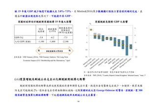 86
歐 15 年後 GDP 減少幅度可能擴大至 3.8%~7.5%。另 Minford(2016)等少數機構則假設在貿易談判順利完成，並
獲益於歐盟法規免除之情況下，可能提升其 GDP。
(二)需靠增稅及刪減公共支出以化解脫歐對經濟之衝擊
脫歐對英國經濟的衝擊或將迫使英國政府重新調整支出計畫，致退休金及醫療支出減少，如健保、教育及國
防支出可能縮減 2%，退休金支出亦將面臨類似減幅。近期英國財政大臣 George Osborne 則警告，若脫歐，需 300
億英鎊緊急預算化解經濟衝擊，可能透過調高稅率及刪減公共支出籌資。
EEA
成員國
與歐盟簽
訂 FTA
與歐盟未簽訂
特殊協定
(WTO 成員國)
GDP (%) -3.8 -6.2 -7.5
人均 GDP (英鎊) -1,100 -1,800 -2,100
英國脫歐長期對 GDP 之影響
%
資料來源：HM Treasury (2016), “HM Treasury Analysis: The Long-Term
Economic Impact of EU Membership and the Alternatives,” April
與歐盟關係之緊密度高 低
英國財政部估計脫歐對英國經濟 15 年後之影響
註：藍色部分為可能變化範圍，黃色方塊為可能變化之中間值。
資料來源：IMF (2016), “Country Report-United Kingdom: Selected Issues,” June 17
 