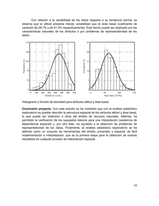 Con relación a la variabilidad de los datos respecto a su tendencia central, se
observa que la altitud presenta menos variabilidad que el área basal (coeficiente de
variación de 26,7% y de 41,3% respectivamente). Este hecho puede ser explicado por las
características naturales de los atributos o por problemas de representatividad de los
datos.




Histograma y función de densidad para atributos altitud y área basal.

Conclusión proyecto: Con este estudio se ha mostrado que con el análisis estadístico
exploratorio es posible describir la estructura espacial de los atributos altitud y área basal,
lo que puede ser extensivo a otros del ámbito de recursos naturales. Además, ha
permitido la verificación de los supuestos básicos para una interpolación (existencia de
dependencia espacial) y, por otro lado, ha ayudado a la detección de problemas de
representatividad de los datos. Finalmente, el análisis estadístico exploratorio se ha
definido como un conjunto de herramientas del ámbito univariado y espacial, de fácil
implementación e interpretación, que es la primera etapa para la obtención de buenos
resultados en cualquier proceso de interpolación espacial.




                                                                                            19
 