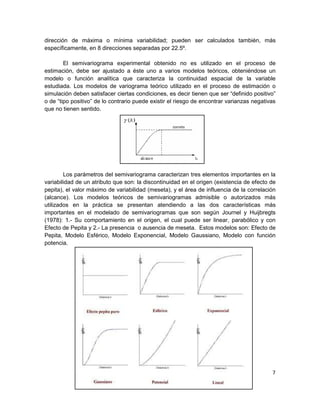 dirección de máxima o mínima variabilidad; pueden ser calculados también, más
específicamente, en 8 direcciones separadas por 22.5º.

        El semivariograma experimental obtenido no es utilizado en el proceso de
estimación, debe ser ajustado a éste uno a varios modelos teóricos, obteniéndose un
modelo o función analítica que caracteriza la continuidad espacial de la variable
estudiada. Los modelos de variograma teórico utilizado en el proceso de estimación o
simulación deben satisfacer ciertas condiciones, es decir tienen que ser “definido positivo”
o de “tipo positivo” de lo contrario puede existir el riesgo de encontrar varianzas negativas
que no tienen sentido.




        Los parámetros del semivariograma caracterizan tres elementos importantes en la
variabilidad de un atributo que son: la discontinuidad en el origen (existencia de efecto de
pepita), el valor máximo de variabilidad (meseta), y el área de influencia de la correlación
(alcance). Los modelos teóricos de semivariogramas admisible o autorizados más
utilizados en la práctica se presentan atendiendo a las dos características más
importantes en el modelado de semivariogramas que son según Journel y Huijbregts
(1978): 1.- Su comportamiento en el origen, el cual puede ser linear, parabólico y con
Efecto de Pepita y 2.- La presencia o ausencia de meseta. Estos modelos son: Efecto de
Pepita, Modelo Esférico, Modelo Exponencial, Modelo Gaussiano, Modelo con función
potencia.




                                                                                           7
 
