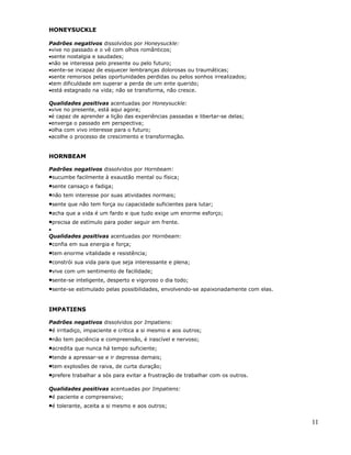 HONEYSUCKLE

Padrões negativos dissolvidos por Honeysuckle:
•vive no passado e o vê com olhos românticos;
•sente nostalgia e saudades;
•não se interessa pelo presente ou pelo futuro;
•sente-se incapaz de esquecer lembranças dolorosas ou traumáticas;
•sente remorsos pelas oportunidades perdidas ou pelos sonhos irrealizados;
•tem dificuldade em superar a perda de um ente querido;
•está estagnado na vida; não se transforma, não cresce.

Qualidades positivas acentuadas por Honeysuckle:
•vive no presente, está aqui agora;
•é capaz de aprender a lição das experiências passadas e libertar-se delas;
•enxerga o passado em perspectiva;
•olha com vivo interesse para o futuro;
•acolhe o processo de crescimento e transformação.


HORNBEAM

Padrões negativos dissolvidos por Hornbeam:
•sucumbe facilmente à exaustão mental ou física;
•sente cansaço e fadiga;
•não tem interesse por suas atividades normais;
•sente que não tem força ou capacidade suficientes para lutar;
•acha que a vida é um fardo e que tudo exige um enorme esforço;
•precisa de estímulo para poder seguir em frente.
•
Qualidades positivas acentuadas por Hornbeam:
•confia em sua energia e força;
•tem enorme vitalidade e resistência;
•constrói sua vida para que seja interessante e plena;
•vive com um sentimento de facilidade;
•sente-se inteligente, desperto e vigoroso o dia todo;
•sente-se estimulado pelas possibilidades, envolvendo-se apaixonadamente com elas.

IMPATIENS

Padrões negativos dissolvidos por Impatiens:
•é irritadiço, impaciente e critica a si mesmo e aos outros;
•não tem paciência e compreensão, é irascível e nervoso;
•acredita que nunca há tempo suficiente;
•tende a apressar-se e ir depressa demais;
•tem explosões de raiva, de curta duração;
•prefere trabalhar a sós para evitar a frustração de trabalhar com os outros.
Qualidades positivas acentuadas por Impatiens:
•é paciente e compreensivo;
•é tolerante, aceita a si mesmo e aos outros;

                                                                                     11
 