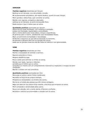 VERVAIN

Padrões negativos dissolvidos por Vervain:
•esforça-se em demasia, vive sob pressão e tensão;
•é excessivamente entusiástico, até mesmo fanático, quanto às suas crenças;
•tem opiniões e idéias fixas; quer converter os outros;
•tende a ser vigoroso, arrogante e altercador;
•esforça-se em demasia, ao ponto da exaustão física;
•sabe sempre o que é melhor para os outros.
Qualidades positivas acentuadas por Vervain:
•deixa que as coisas aconteçam, com confiança e aceitação;
•relaxa com facilidade, regularidade e profundidade;
•tem a mente aberta para novas idéias, crenças e experiências;
•é generoso para si mesmo, satisfazendo suas necessidades físicas;
•tem um sentimento de facilidade e naturalidade;
•é flexível e responsivo ao que está acontecendo no momento;
•é tolerante e paciente para com as opiniões dos outros;
•sabe que as grandes coisas da vida são feitas em silêncio e com generosidade.


VINE

Padrões negativos dissolvidos por Vine:
•sente a necessidade de controlar e dominar;
•parece autocrático e tirano;
•espera obediência cega;
•usa o poder para controlar ou limitar os outros;
•tende a ser rígido, rigoroso e inflexível;
•acredita que é melhor que os outros;
•prejudica a si mesmo com um comportamento insensível ou implacável; é incapaz de sentir
compaixão;
•perde o contato com sua consciência.
Qualidades positivas acentuadas por Vine:
•encoraja os outros a serem fortes e poderosos;
•acredita na força de seu próprio exemplo;
•respeita as necessidades e os direitos dos outros;
•torna-se um aliado das pessoas que têm menos vantagens;
•age com base em sua própria força inerente, uma força que enriquece os outros;
•tem compaixão e sensitividade pelos outros;
•ouve com atenção, tem a mente aberta, é flexível e confiante;
•conhece e valoriza sua proximidade e conexão com os outros.




                                                                                           20
 