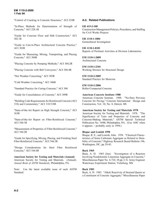 EM 1110-2-2000
1 Feb 94
"Control of Cracking in Concrete Structures," ACI 224R
"In-Place Methods for Determination of Strength of
Concrete," ACI 228.1R
"Guide for Concrete Floor and Slab Construction," ACI
302.1R
"Guide to Cast-in-Place Architectural Concrete Practice,"
ACI 303R
"Guide for Measuring, Mixing, Transporting, and Placing
Concrete," ACI 304R
"Placing Concrete by Pumping Methods," ACI 304.2R
"Placing Concrete with Belt Conveyors," ACI 304.4R
"Hot Weather Concreting," ACI 305R
"Cold Weather Concreting," ACI 306R
"Standard Practice for Curing Concrete," ACI 308
"Guide for Consolidation of Concrete," ACI 309R
"Building Code Requirements for Reinforced Concrete (ACI
318) and Commentary," ACI 318/318R
"State-of-the-Art Report on High Strength Concrete," ACI
363R
"State-of-the-Art Report on Fiber-Reinforced Concrete,"
ACI 544.1R
"Measurement of Properties of Fiber-Reinforced Concrete,"
ACI 544.2R
"Guide for Specifying, Mixing, Placing, and Finishing Steel
Fiber-Reinforced Concrete," ACI 544.3R
"Design Considerations for Steel Fiber Reinforced
Concrete," ACI 544.4R
American Society for Testing and Materials (Annual)
American Society for Testing and Materials. (Annual).
Annual Book of ASTM Standards, Philadelphia, PA.
Note: Use the latest available issue of each ASTM
Standard.
A-2. Related Publications
ER 415-2-100
Construction Management Policies, Procedures, and Staffing
for Civil Works Projects
ER 1110-1-1804
Geotechnical Investigation
ER 1110-1-8101
Reports of Pertinent Activities at Division Laboratories
EM 1110-1-2009
Architectural Concrete
EM 1110-1-2101
Working Stresses for Structural Design
EM 1110-2-2005
Standard Practice for Shotcrete
EM 1110-2-2006
Roller-Compacted Concrete
American Concrete Institute 1988
American Concrete Institute. 1988. "No-fines Pervious
Concrete for Paving," Concrete International: Design and
Construction, Vol. 10, No. 8, Detroit, MI.
American Society for Testing and Materials 1978
American Society for Testing and Materials. 1978. "The
Significance of Tests and Properties of Concrete and
Concrete-Making Materials," ASTM Special Technical
Publication No. 169B, Philadelphia, PA. (Use 169C when
it appears ~ probably early in 1994.)
Bisque and Lemish 1958
Bisque, R. E., and Lemish, John. 1958. "Chemical Charac-
teristics of Some Carbonate Aggregate as Related to Dura-
bility of Concrete," Highway Research Board Bulletin 196,
Washington, DC, pp 29-45.
Buck 1965
Buck, A. D. 1965 (Jun). "Investigation of a Reaction
Involving Nondolomitic Limestone Aggregate in Concrete,"
Miscellaneous Paper No. 6-724, 38 pp, U.S. Army Engineer
Waterways Experiment Station, Vicksburg, MS.
Buck 1983
Buck, A. D. 1983. "Alkali Reactivity of Strained Quartz as
a Constituent of Concrete Aggregate," Miscellaneous Paper
A-2
 