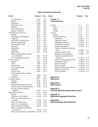 EM 1110-2-2000
1 Feb 94
Table of Contents (Continued)
Subject Paragraph Page Subject Paragraph Page
Fine aggregates . . . . . . . . . . . . . . 10-6e 10-8
Slump . . . . . . . . . . . . . . . . . . . . . 10-6f 10-8
Admixtures . . . . . . . . . . . . . . . . . 10-6g 10-8
Pumpability tests . . . . . . . . . . . . . 10-6h 10-8
Planning . . . . . . . . . . . . . . . . . . . 10-6i 10-8
Other requirements . . . . . . . . . . . . 10-6j 10-8
Quality verification . . . . . . . . . . . . 10-6k 10-8
Fiber-Reinforced Concrete . . . . . . . . . 10-7 10-9
General . . . . . . . . . . . . . . . . . . . . 10-7a 10-9
Advantages and limitations . . . . . . 10-7b 10-9
Toughness . . . . . . . . . . . . . . . . . . 10-7c 10-9
Performance characteristics . . . . . . 10-7d 10-9
Mixture proportioning . . . . . . . . . . 10-7e 10-9
Batching and mixing . . . . . . . . . . . 10-7f 10-9
Placement . . . . . . . . . . . . . . . . . . 10-7g 10-10
Workability . . . . . . . . . . . . . . . . . 10-7h 10-10
Pumping . . . . . . . . . . . . . . . . . . . 10-7i 10-10
Other fibers . . . . . . . . . . . . . . . . . 10-7j 10-10
Effects of polypropylene fibers
on workability . . . . . . . . . . . . . . 10-7k 10-10
Use of polypropylene fibers . . . . . . 10-7l 10-10
Porous Concrete . . . . . . . . . . . . . . . . 10-8 10-10
General . . . . . . . . . . . . . . . . . . . . 10-8a 10-10
Types . . . . . . . . . . . . . . . . . . . . . 10-8b 10-10
Composition . . . . . . . . . . . . . . . . 10-8c 10-11
W/C considerations . . . . . . . . . . . . 10-8d 10-11
Durability . . . . . . . . . . . . . . . . . . 10-8e 10-11
Percent voids . . . . . . . . . . . . . . . . 10-8f 10-11
Proportioning porous concrete
mixtures . . . . . . . . . . . . . . . . . . 10-8g 10-11
Placement . . . . . . . . . . . . . . . . . . 10-8h 10-11
Flowing Concrete . . . . . . . . . . . . . . . . 10-9 10-11
General . . . . . . . . . . . . . . . . . . . . 10-9a 10-11
HRWRA . . . . . . . . . . . . . . . . . . . 10-9b 10-12
Proportioining flowing concrete . . . 10-9c 10-12
Flowing concrete fresh properties . . 10-9d 10-12
Flowing concrete hardened
properties . . . . . . . . . . . . . . . . . 10-9e 10-12
Silica-Fume Concrete . . . . . . . . . . . . . 10-10 10-12
General . . . . . . . . . . . . . . . . . . . . 10-10a 10-12
Properties of silica fume . . . . . . . . 10-10b 10-12
Effect on water demand and
bleeding . . . . . . . . . . . . . . . . . . 10-10c 10-12
Effect on cohesiveness . . . . . . . . . 10-10d 10-13
Effect on air entrainment . . . . . . . . 10-10e 10-13
Effect on plastic shrinkage . . . . . . 10-10f 10-13
Effect on strength and modulus
of elasticity . . . . . . . . . . . . . . . . 10-10g 10-13
Effect on permeability and durability 10-10h 10-13
Chapter 11
Concrete Report
General . . . . . . . . . . . . . . . . . . . . . . . 11-1 11-1
Policy . . . . . . . . . . . . . . . . . . . . . 11-1a 11-1
Author . . . . . . . . . . . . . . . . . . . . 11-1b 11-1
Timing . . . . . . . . . . . . . . . . . . . . 11-1c 11-1
Content . . . . . . . . . . . . . . . . . . . . . . . 11-2 11-1
Outline . . . . . . . . . . . . . . . . . . . . 11-2a 11-1
Detailed instruction . . . . . . . . . . . . 11-2b 11-1
Introduction . . . . . . . . . . . . . . . 11-2b(1) 11-1
Aggregate sources . . . . . . . . . . . 11-2b(2) 11-1
Aggregate production . . . . . . . . 11-2b(3) 11-1
Cementitious materials . . . . . . . 11-2b(4) 11-4
Chemical admixtures . . . . . . . . . 11-2b(5) 11-4
Concrete batching and mixing
plant . . . . . . . . . . . . . . . . . . . 11-2b(6) 11-4
Concrete mixtures used . . . . . . . 11-2b(7) 11-4
Equipment and techniques . . . . . 11-2b(8) 11-4
Concrete transportation and
placement . . . . . . . . . . . . . . . 11-2b(9) 11-4
Concrete curing and protection . . 11-2b(10) 11-4
Temperature control . . . . . . . . . 11-2b(11) 11-4
Special concretes . . . . . . . . . . . 11-2b(12) 11-4
Precast concrete . . . . . . . . . . . . 11-2b(13) 11-4
Quality verification and testing . . 11-2b(14) 11-4
Summary of test data . . . . . . . . 11-2b(15) 11-4
Special problems . . . . . . . . . . . 11-2b(16) 11-5
Appendix A
References
Appendix B
Abbreviations
Appendix C
Concrete Materials Design Memorandum
Appendix D
Alkali-Silica Aggregate Reactions
Appendix E
Alkali-Carbonate Rock Reactions
vii
 